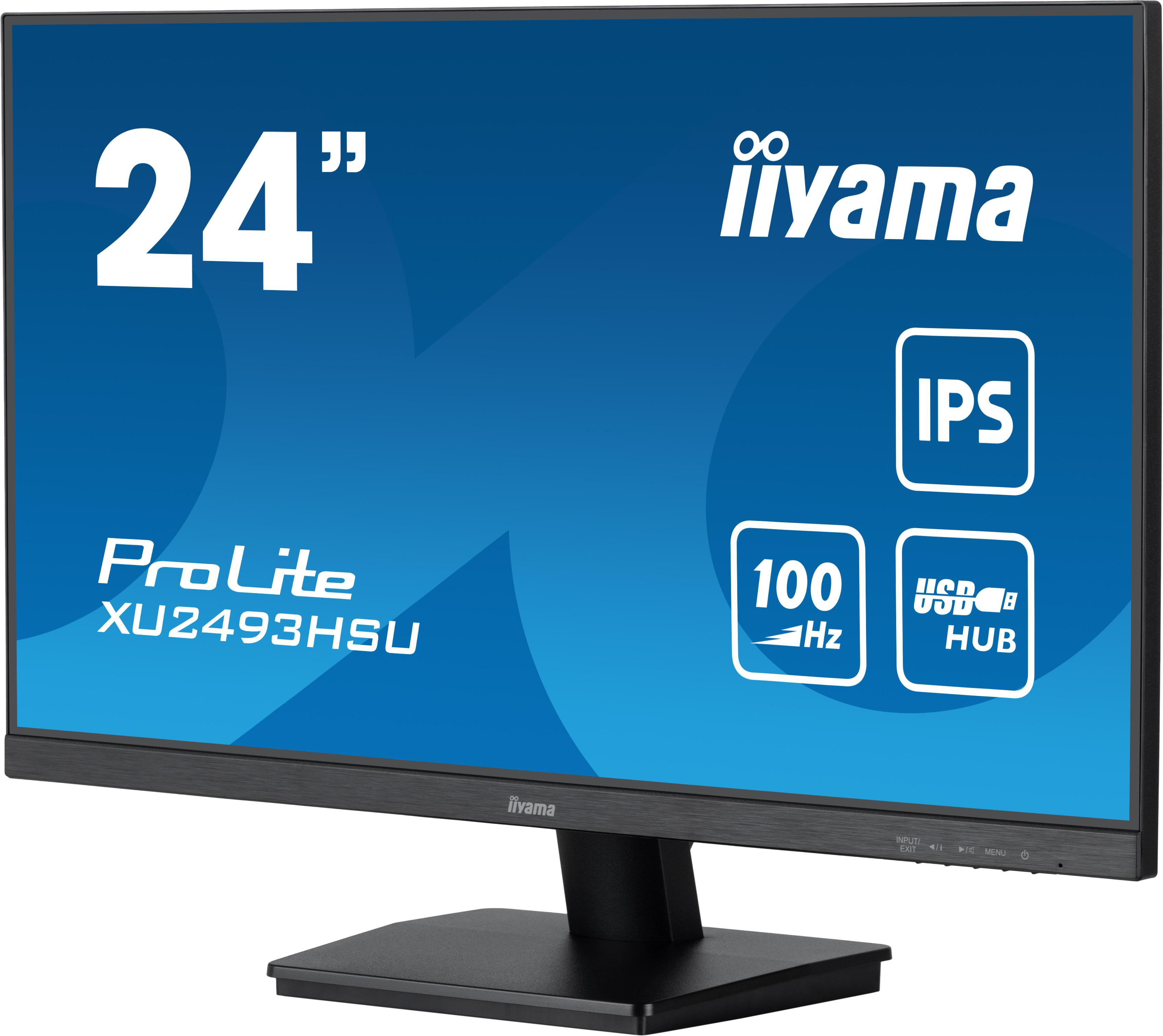24" iiyama Monitor mit schwarzem Ständer, blau-weißer Hintergrund.