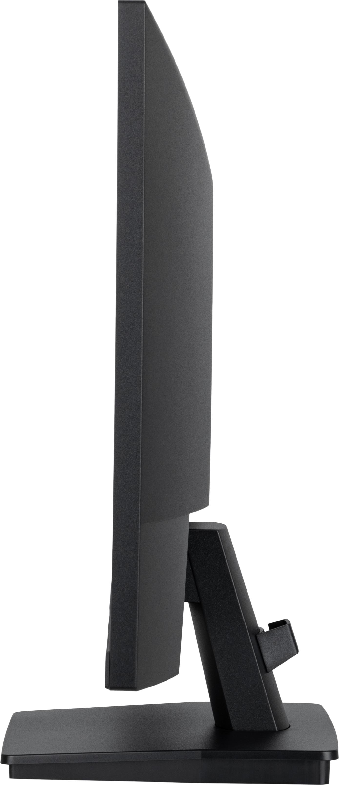 Seitenansicht eines schwarzen Computermonitors auf einem schwarzen Ständer, weißer Hintergrund.