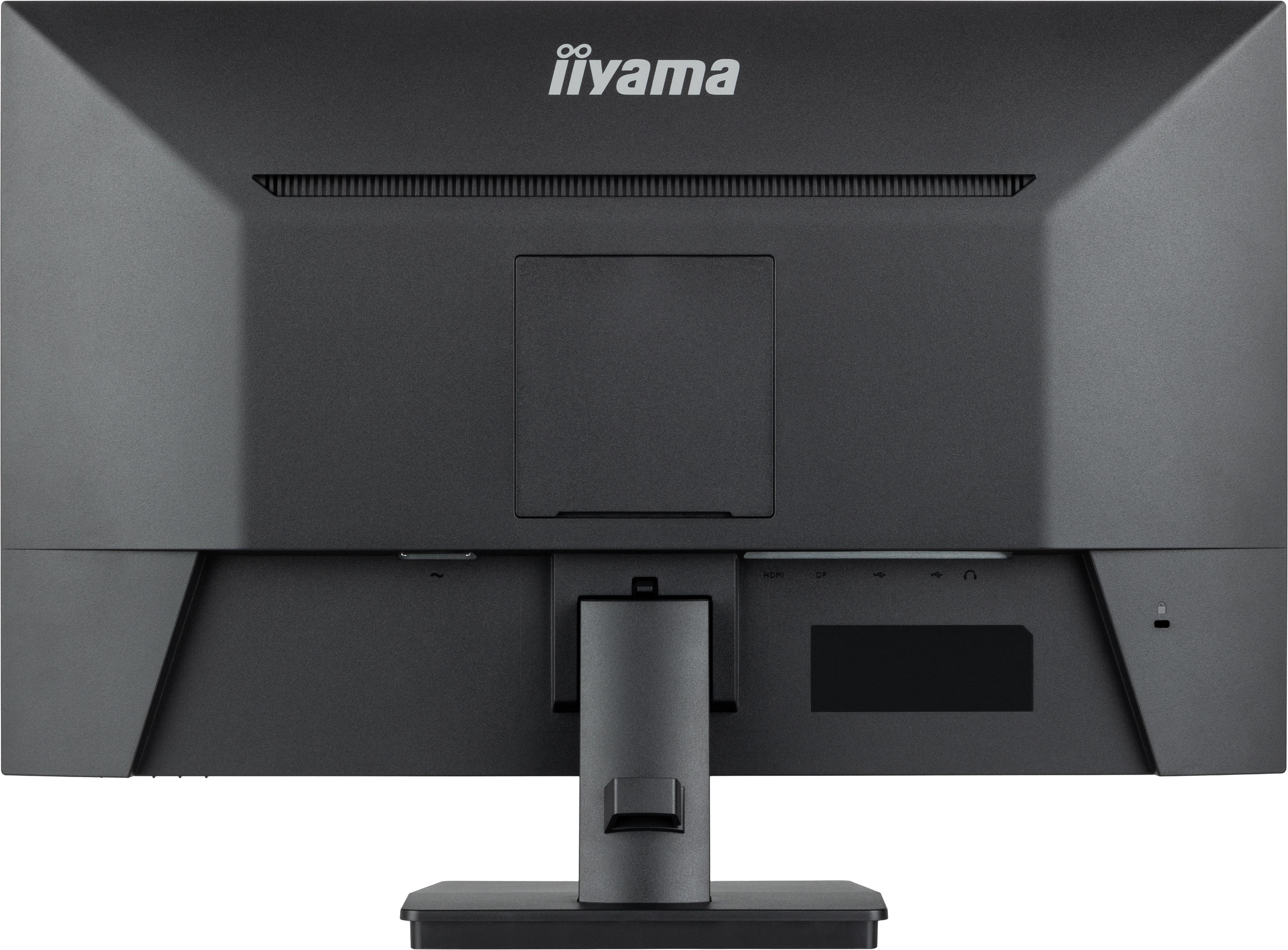 Rückseite eines schwarzen iiyama-Monitors. Anschlüsse und Ständer sind sichtbar.