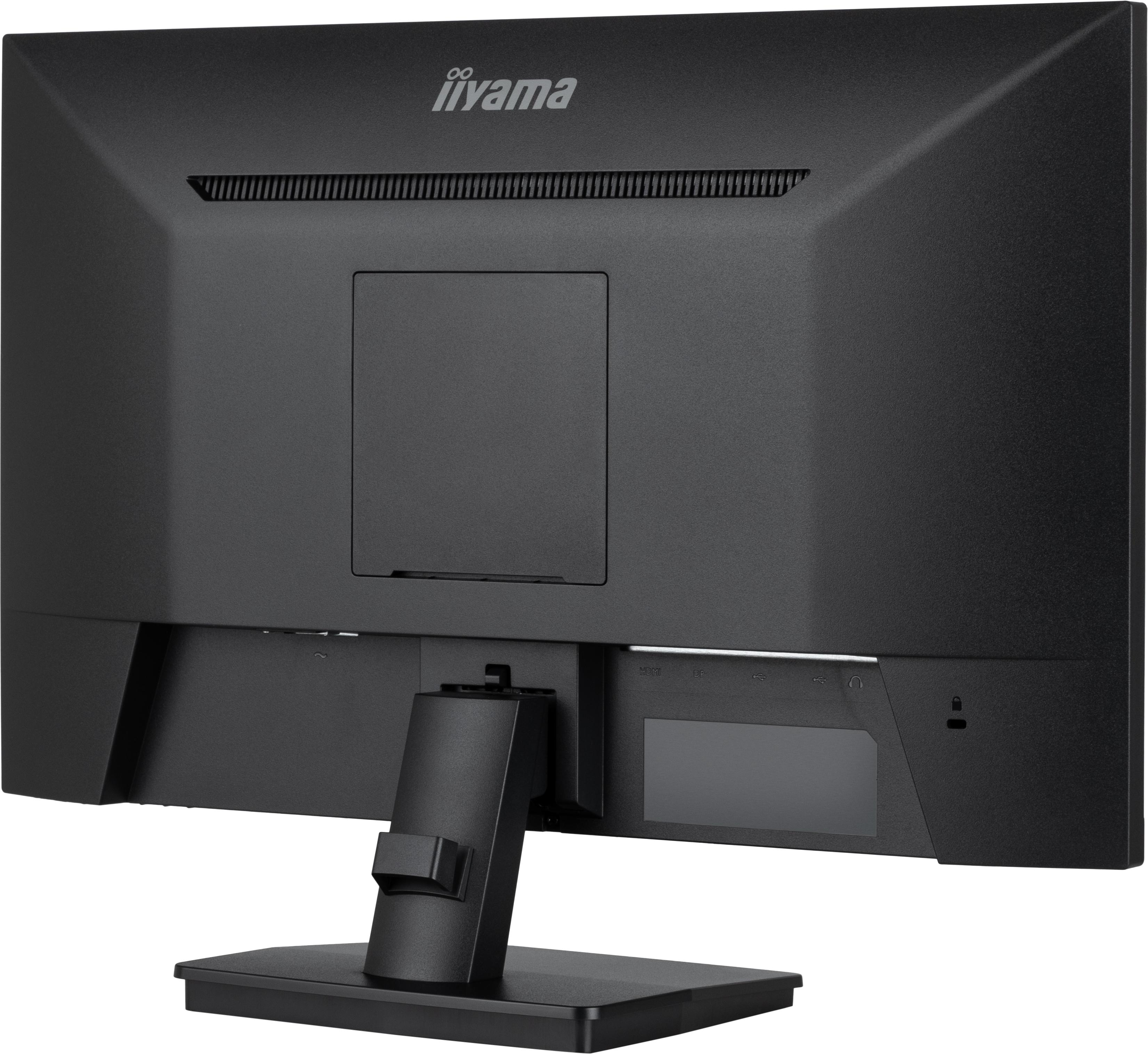 Rückseite eines schwarzen Computermonitors auf weißem Hintergrund, Anschlüsse zeigend.