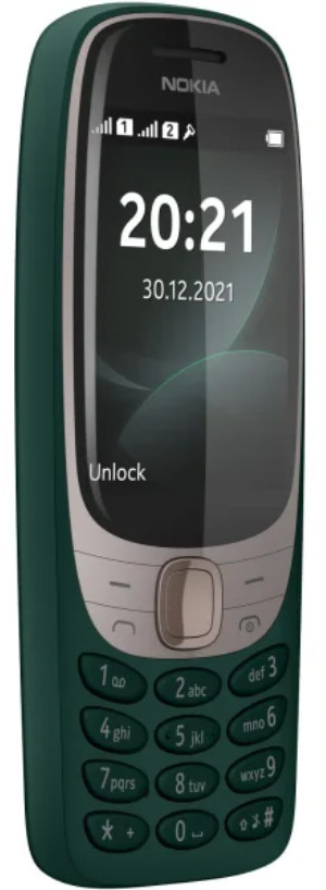 Zielony telefon komórkowy z ekranem wyświetlającym godzinę i datę. Telefon jest na białym tle.