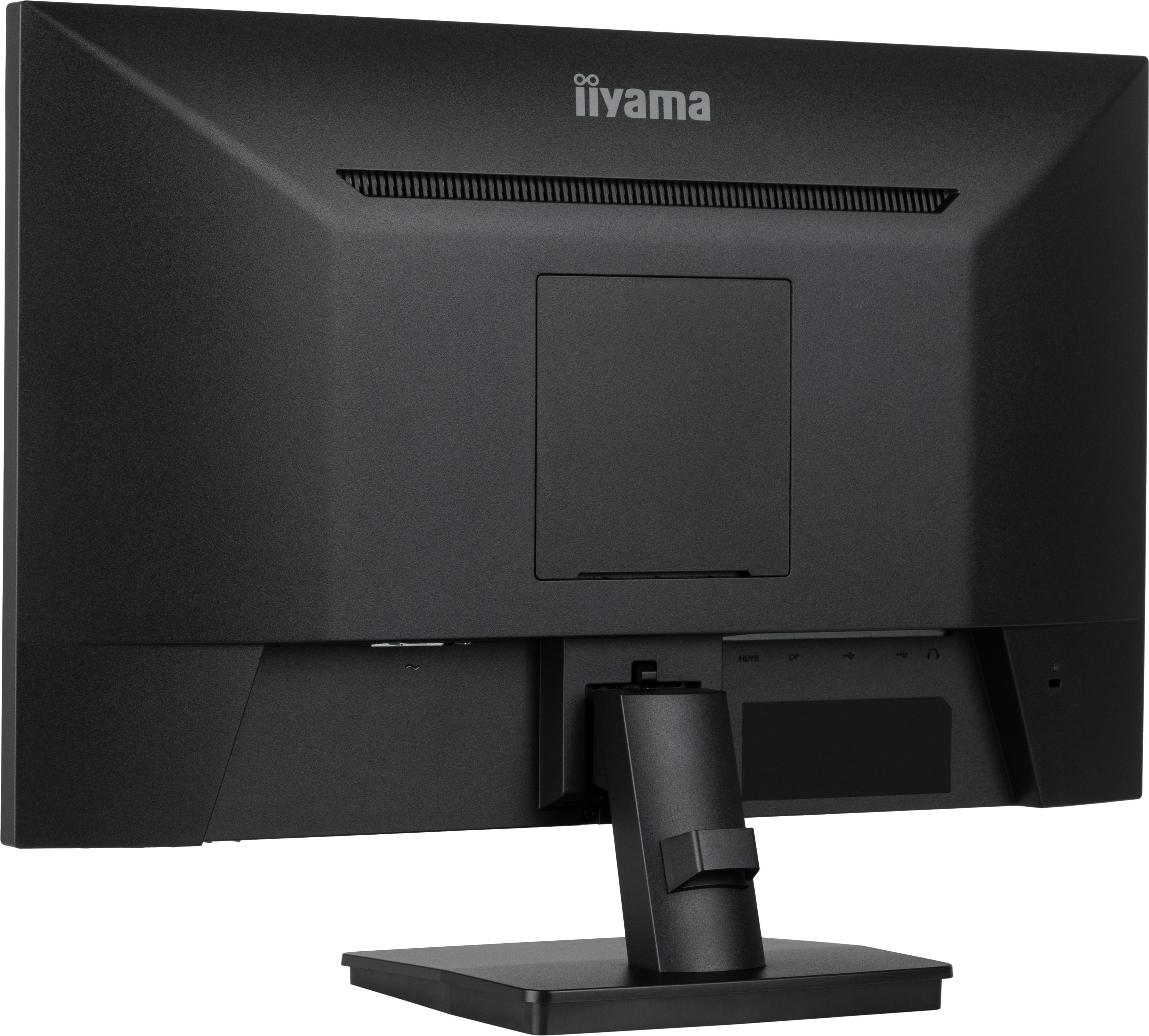 Rückseite eines schwarzen Computermonitors. Zeigt Anschlüsse, Ständer und das iiyama-Logo.