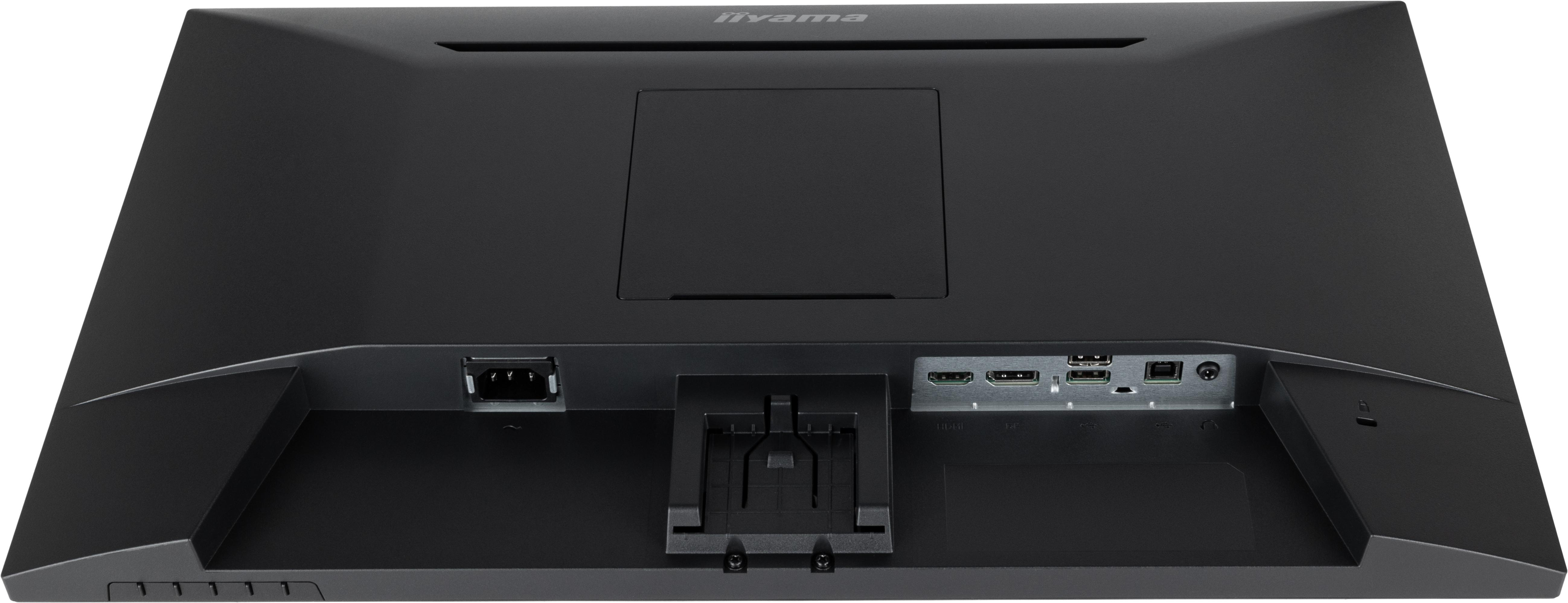 Rückseite eines schwarzen Computermonitors mit Anschlüssen.