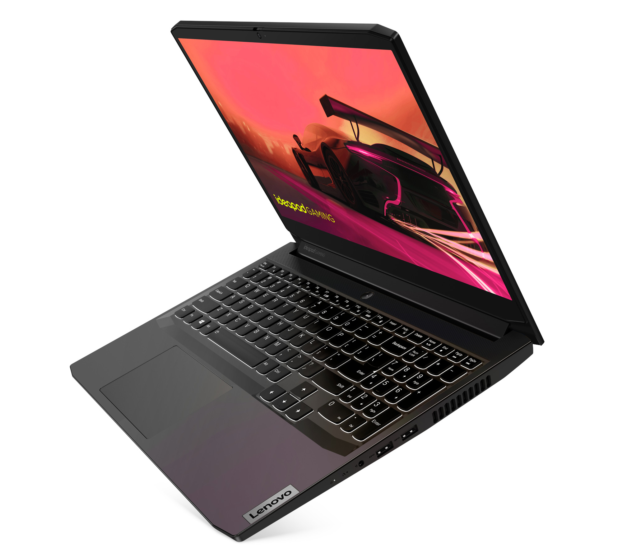 Czarny laptop Lenovo Ideapad z podświetlanym ekranem i klawiaturą, widok z boku.