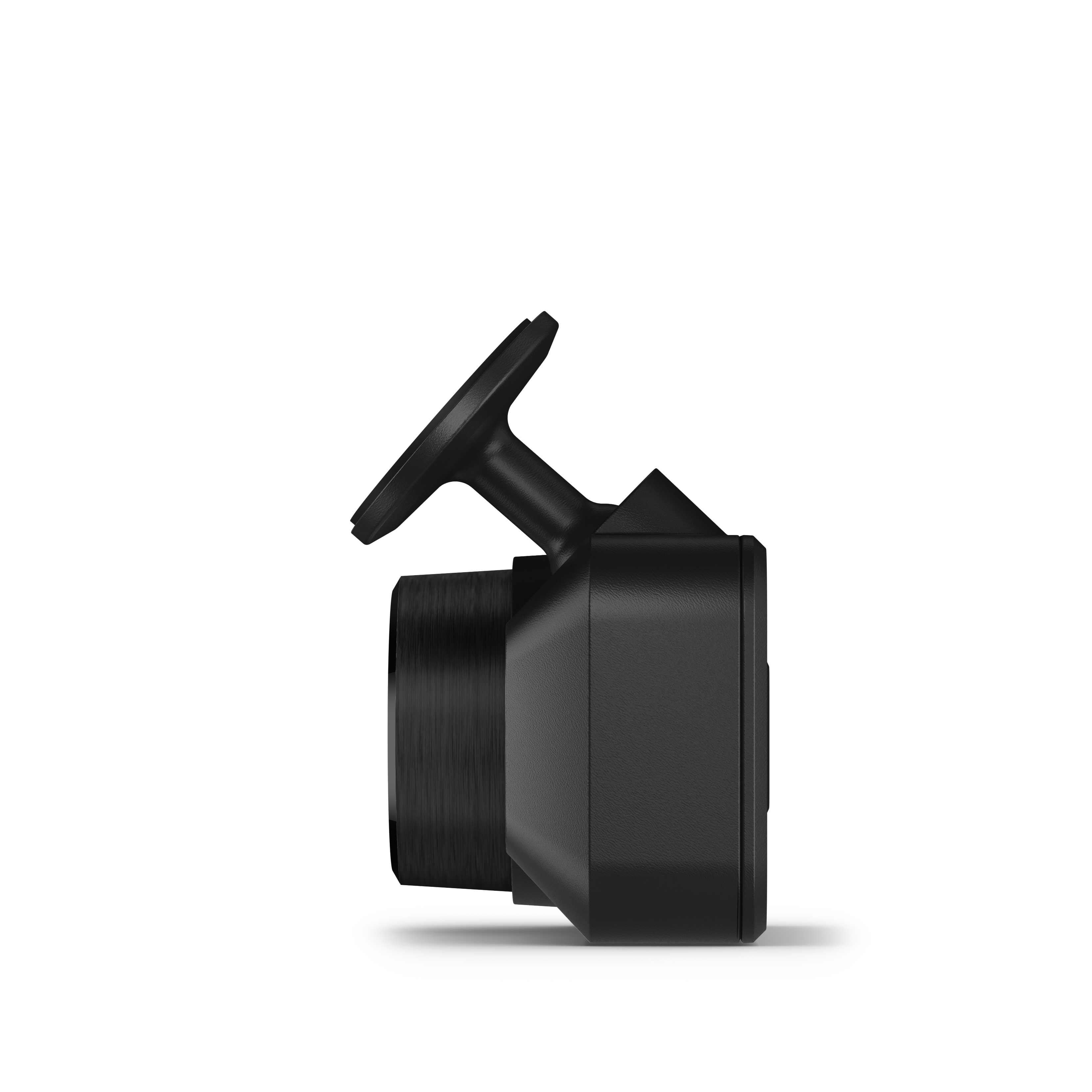 Schwarze Dashcam-Kamera, die nach links zeigt, weißer Hintergrund.