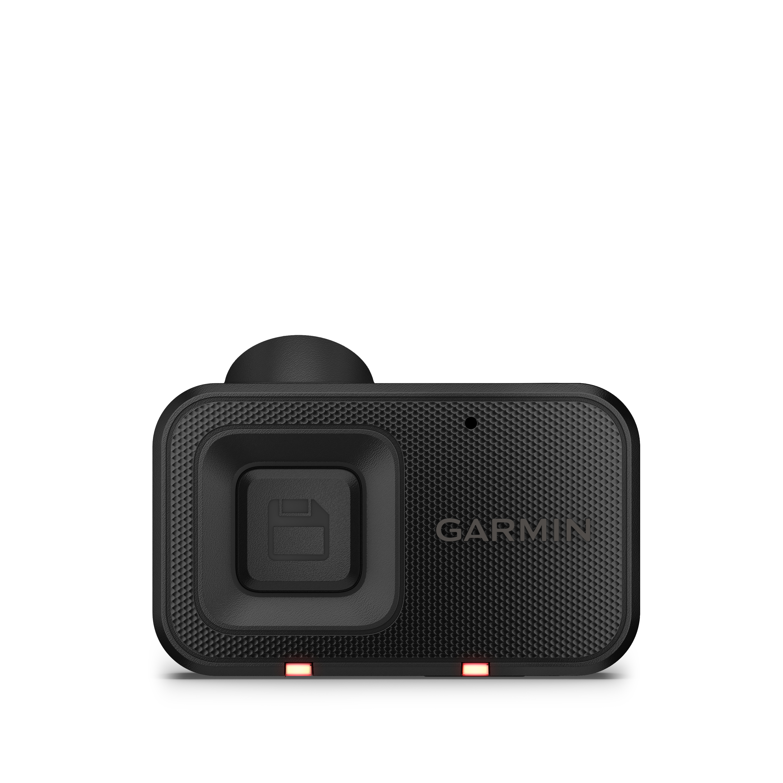 Eine schwarze Garmin Action-Kamera mit einem Knopf und dem Garmin-Logo. Rote Lichter sind unten sichtbar.