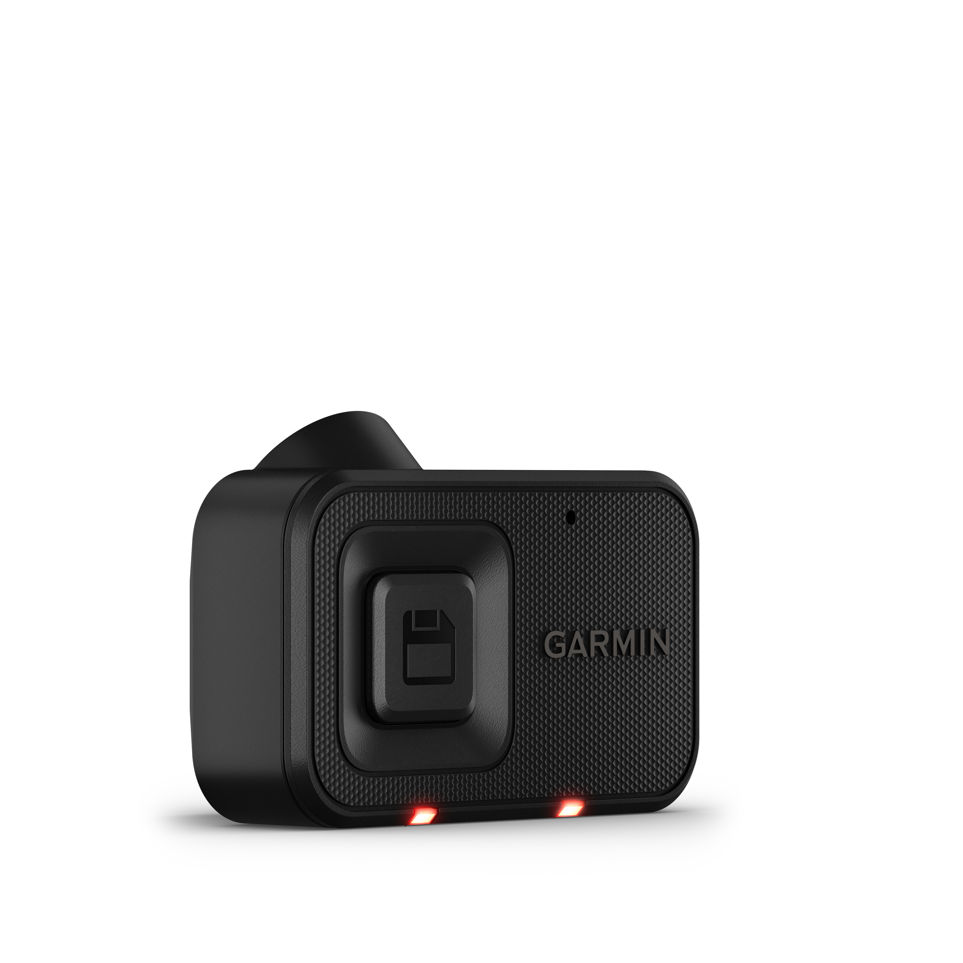 Schwarze Garmin-Dashcam, die das Frontobjektiv und den Garmin-Text zeigt.