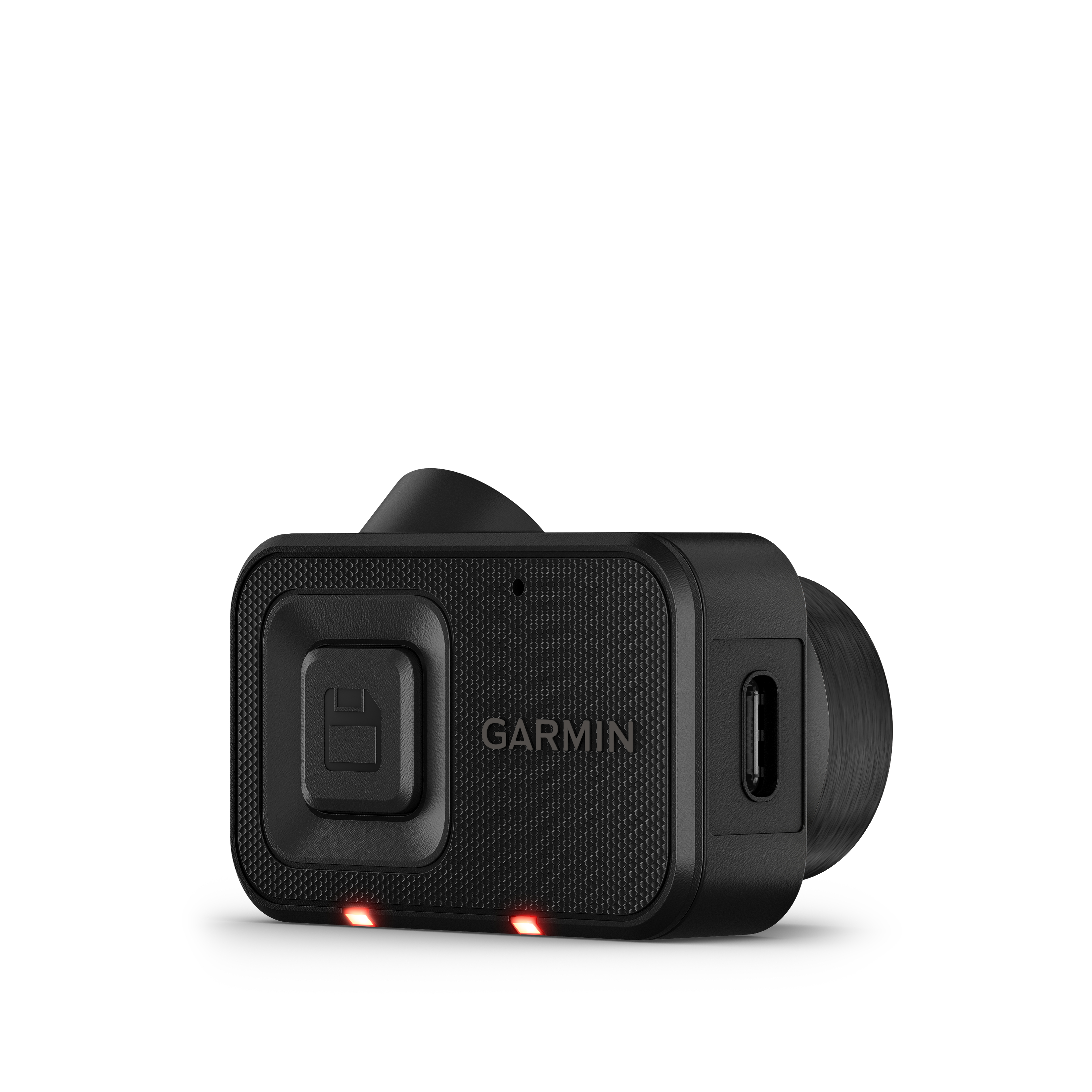 Schwarze Garmin Action-Kamera mit Aufnahmeknopf, dem Betrachter zugewandt. Weißer Hintergrund.