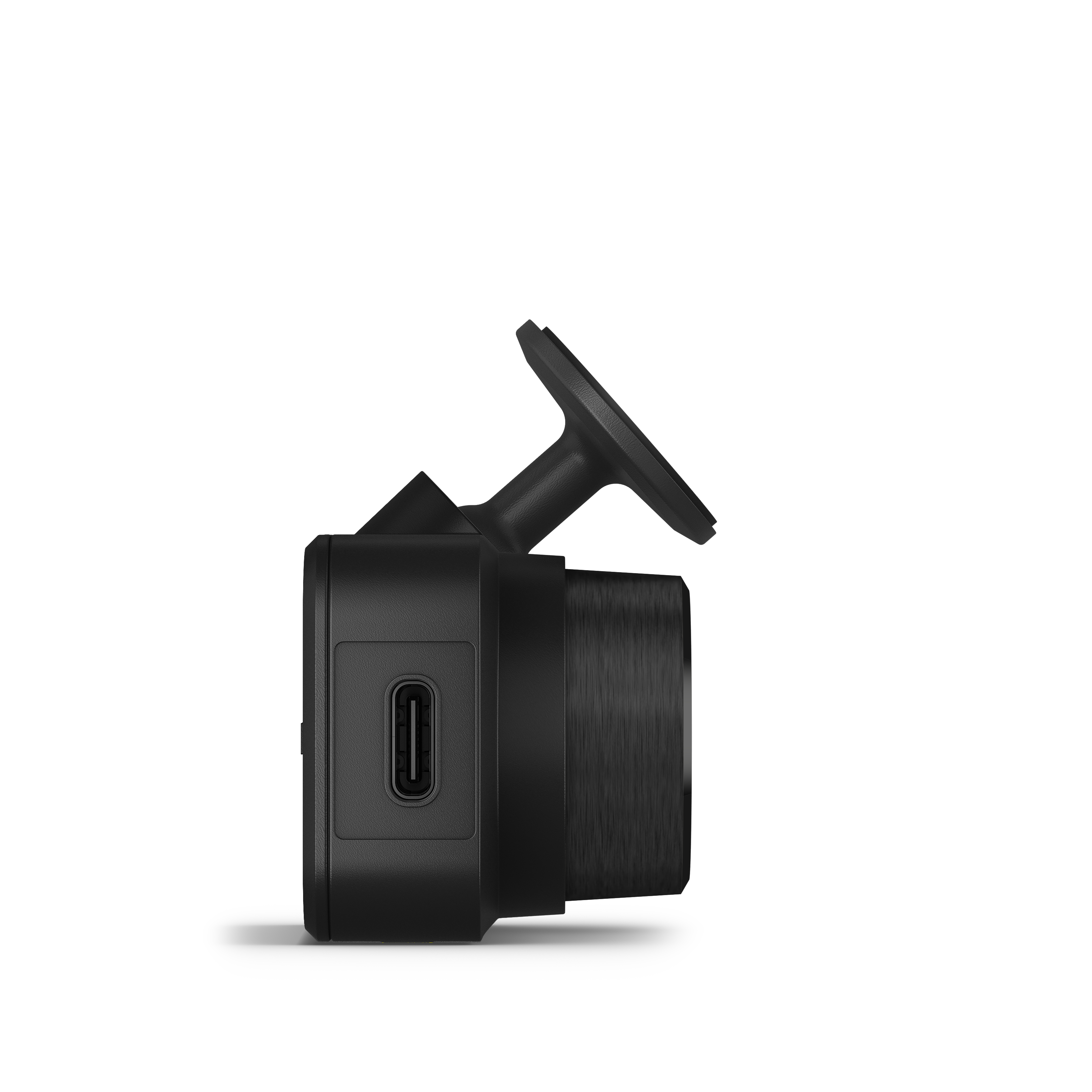 Schwarze Dashcam mit Halterung, Seitenansicht. Verfügt über einen Anschluss.