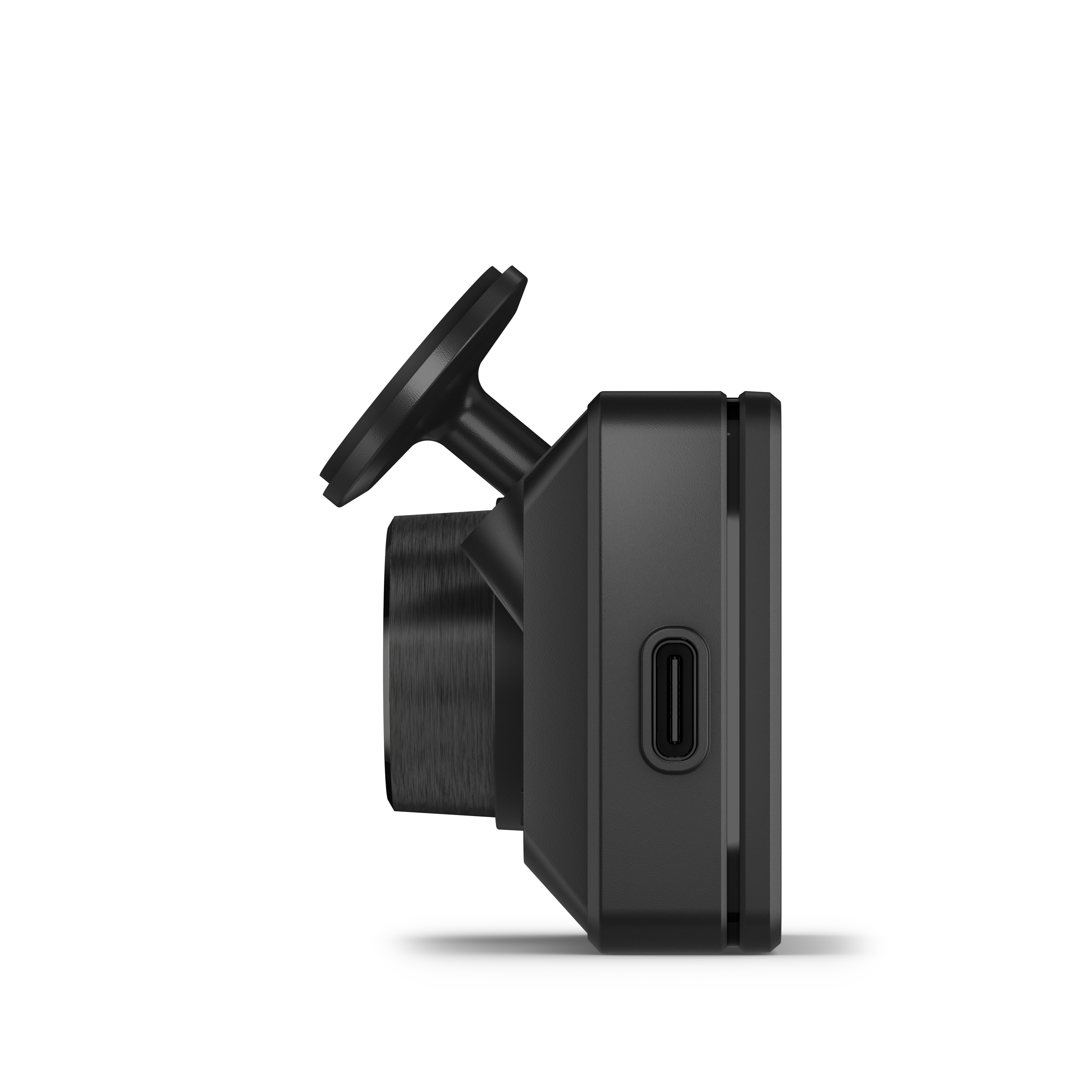 Eine schwarze Garmin Dashcam, Seitenansicht, mit Objektiv und Bildschirm sichtbar.