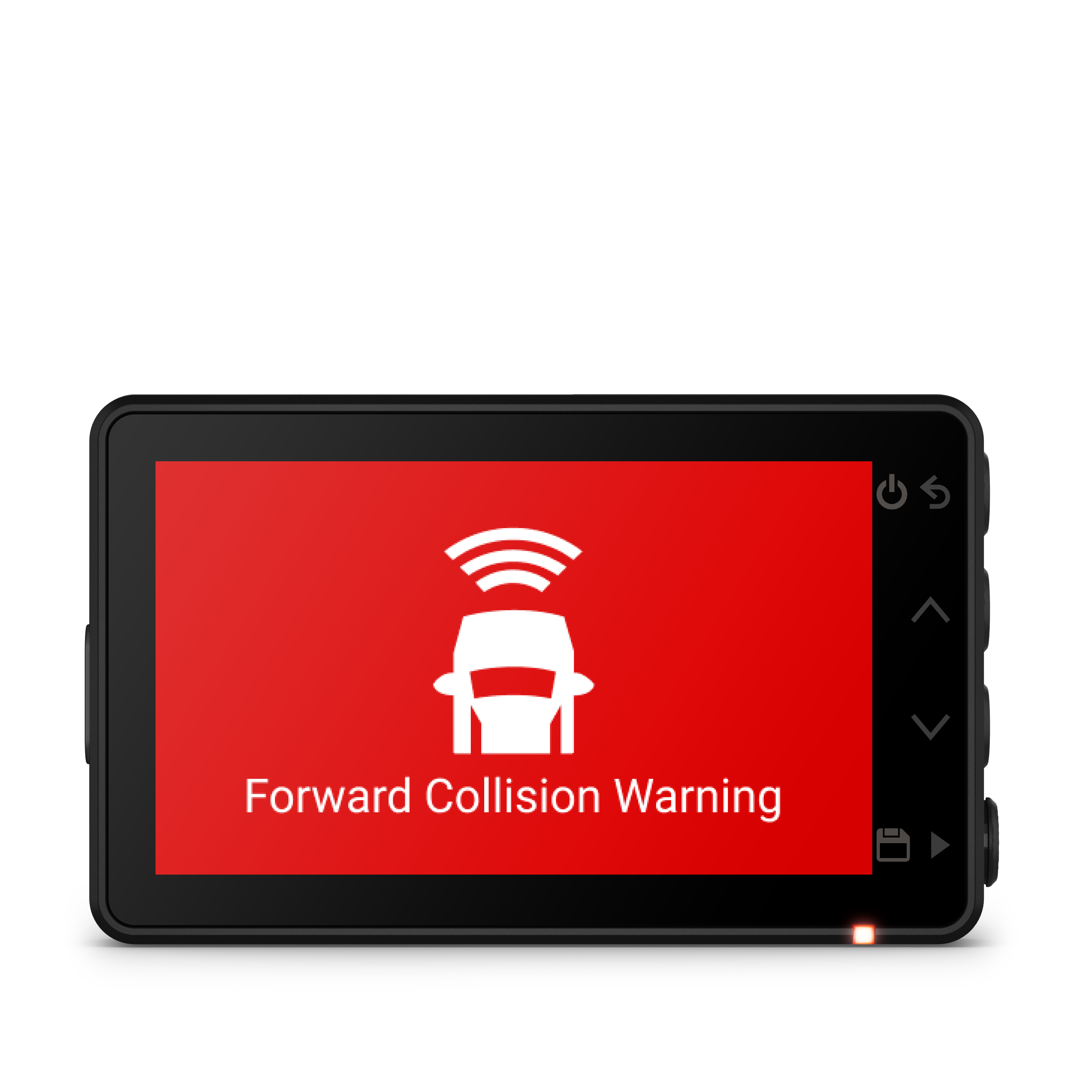 Ein schwarzer Armaturenbrettbildschirm mit einem Forward Collision Warning-Symbol und Text.