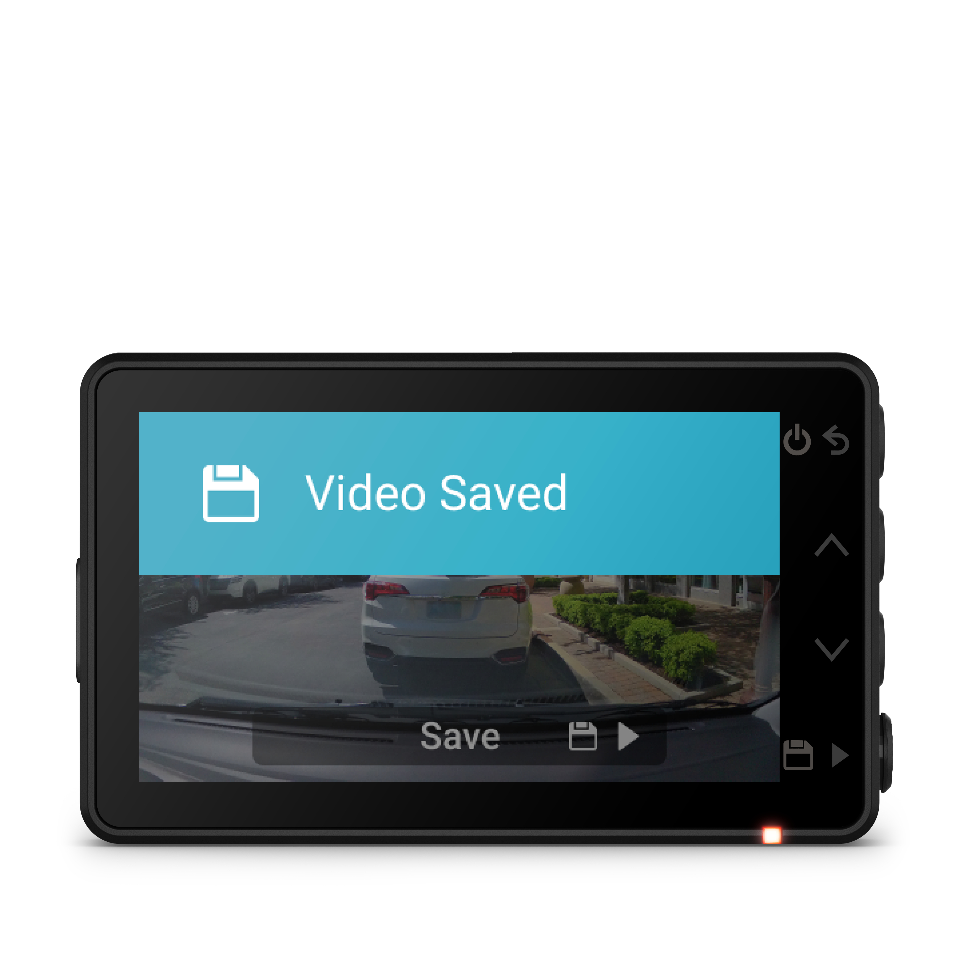 Dashcam-Bildschirm zeigt eine Benachrichtigung für gespeicherte Videos und eine Straßenszene.