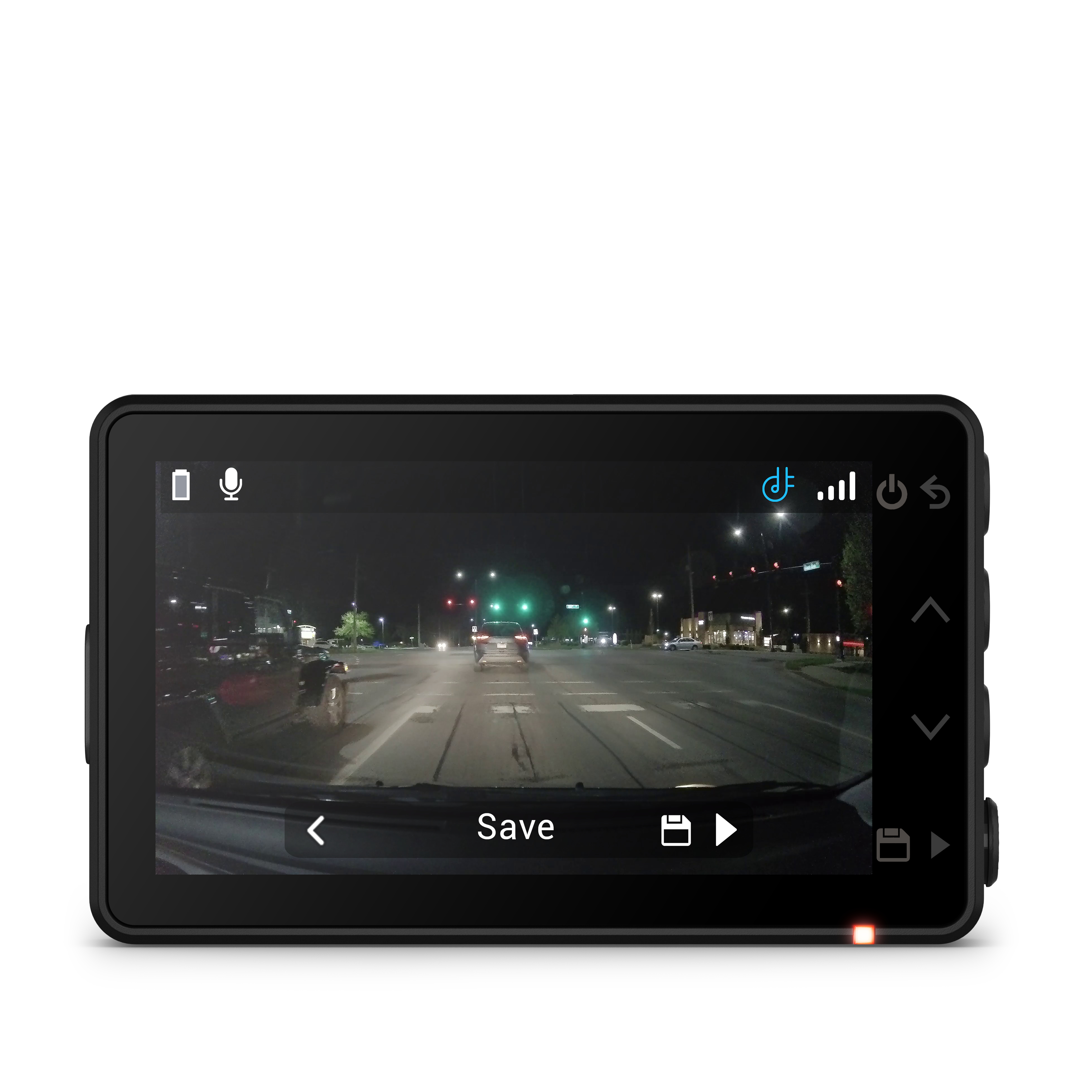 Schwarze Dashcam, die eine Straße bei Nacht anzeigt, mit 'Speichern'-Taste.