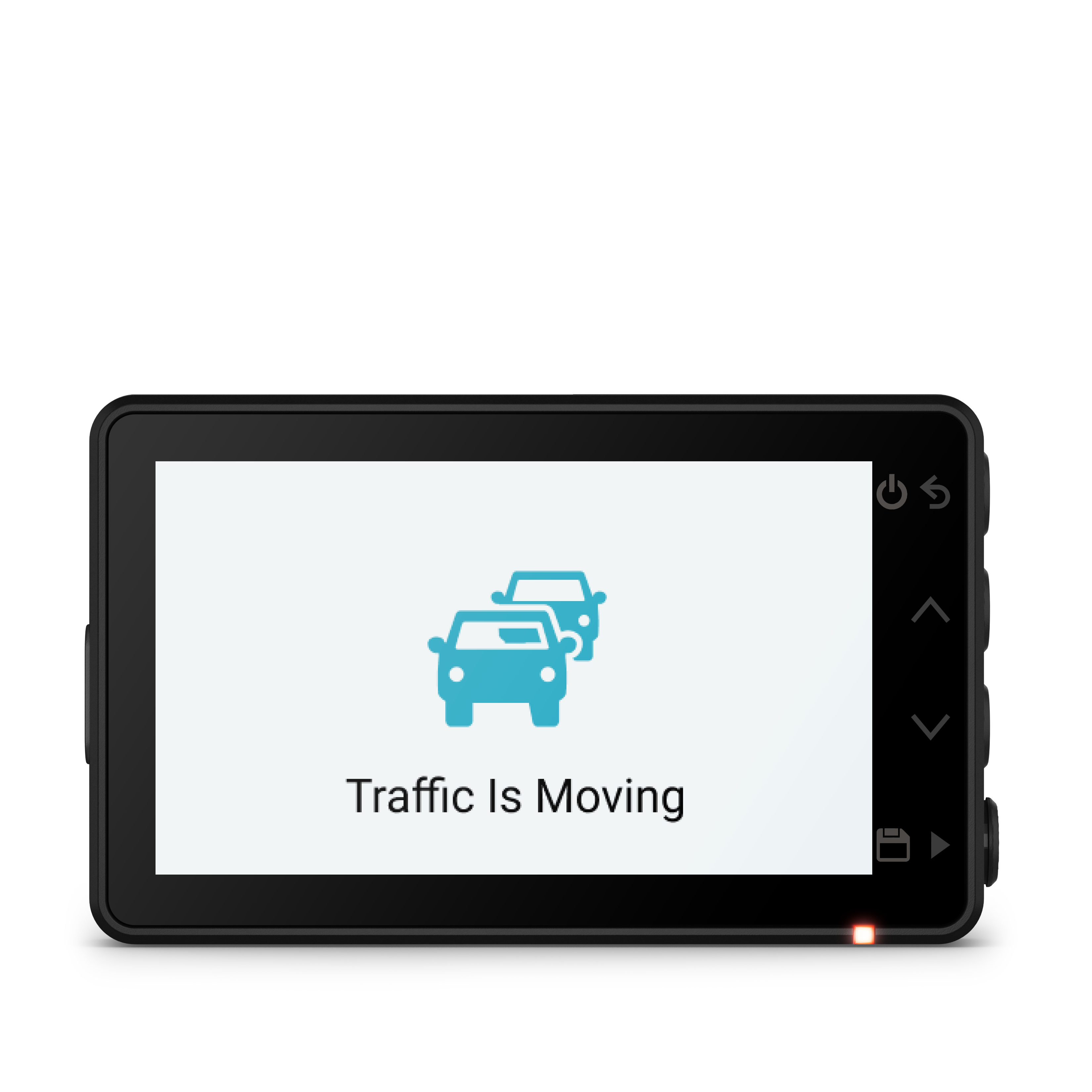 Garmin Dashcam mit einem Bildschirm, der ein Autosymbol und den Text zeigt: Traffic Is Moving.