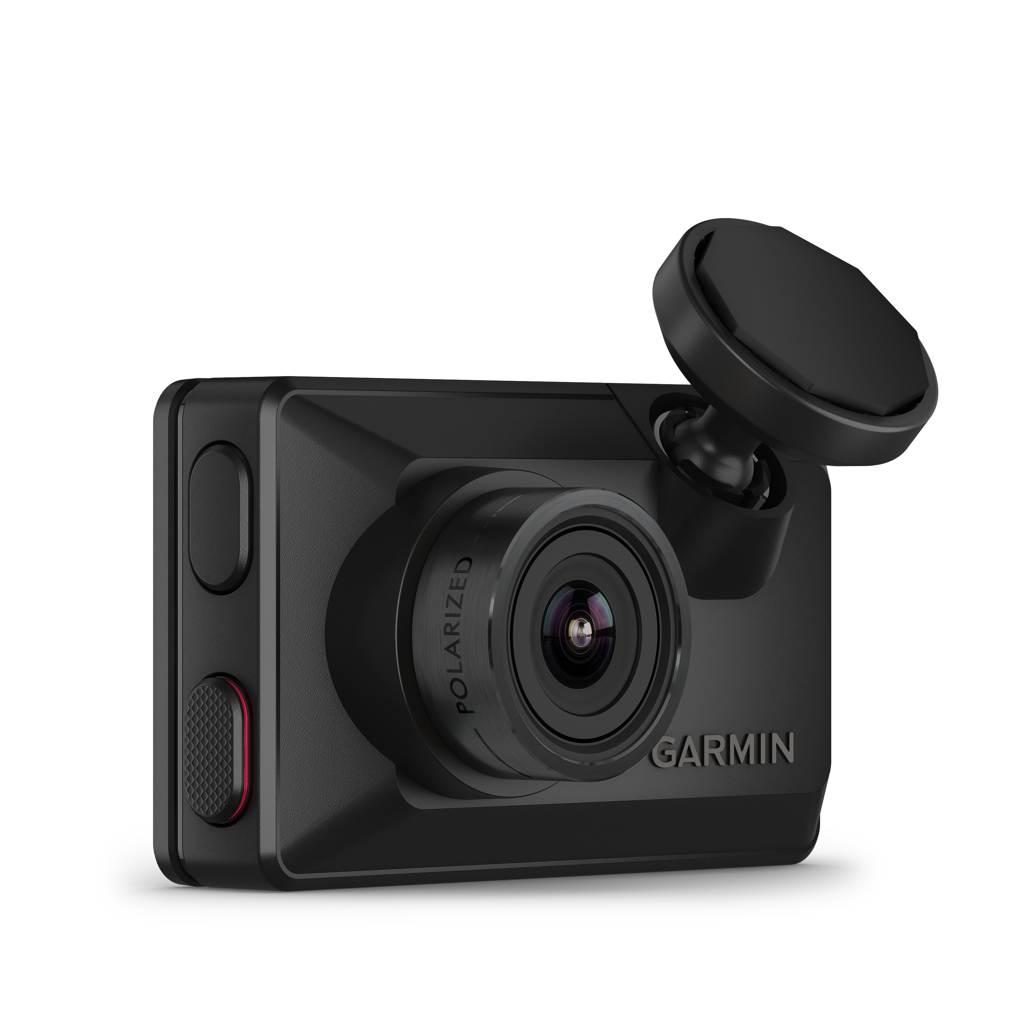 Schwarze Dashcam mit Objektiv und Magnetbefestigung. Das Objektiv ist polarisiert.