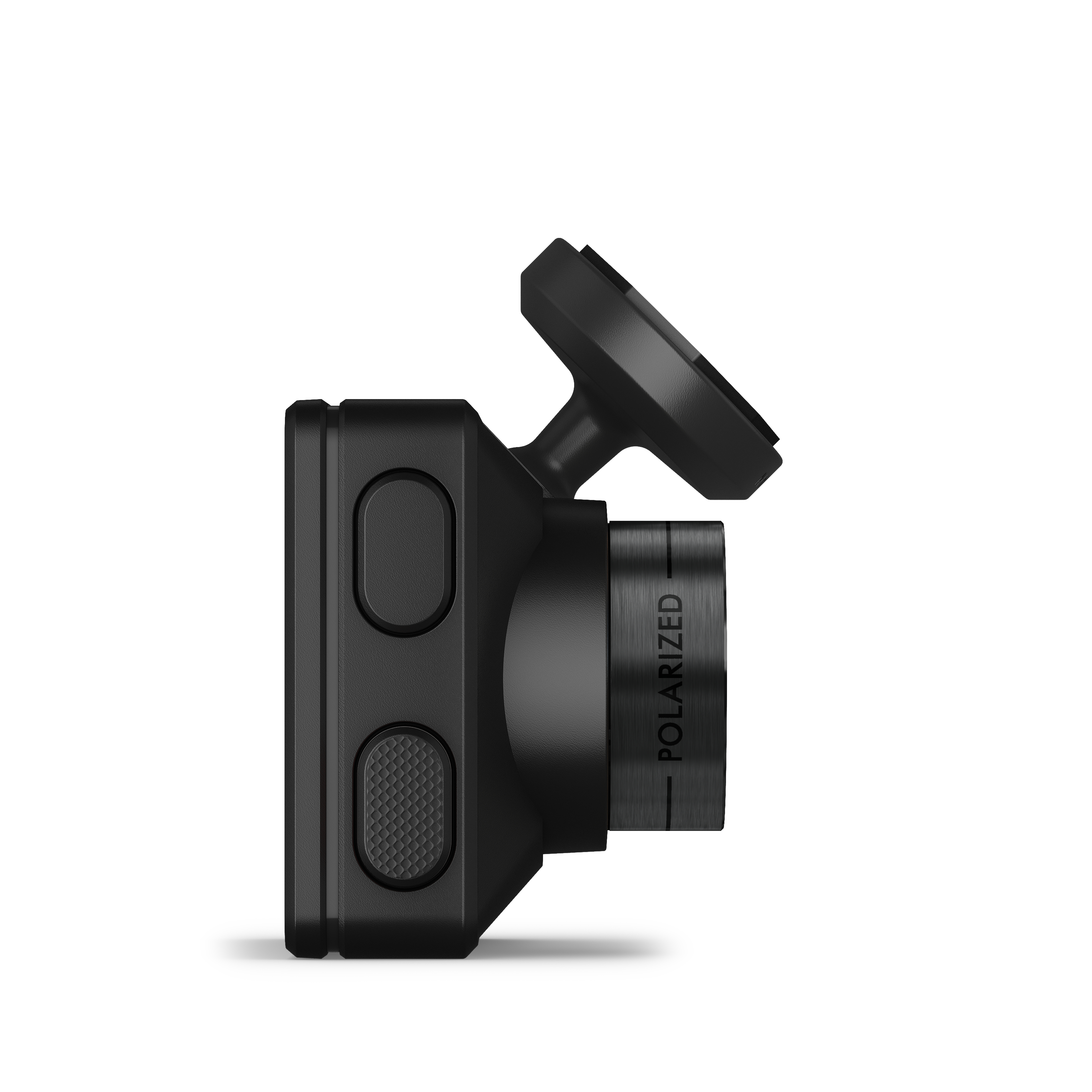Schwarze Garmin Dashcam. Sie hat zwei Tasten und ein Display mit der Aufschrift polarisiert. Die Kamera hat eine Halterung.