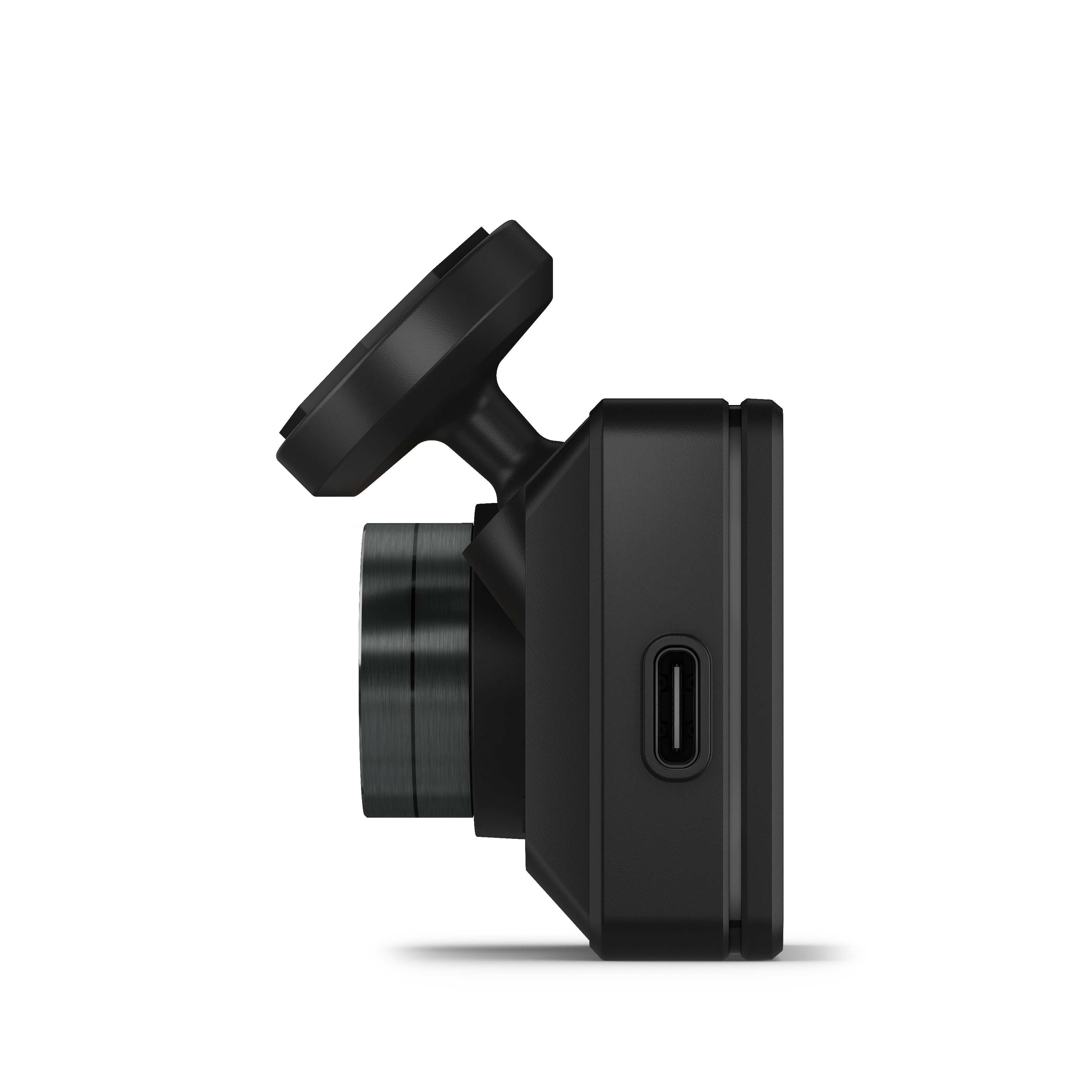 Schwarze Garmin Dashcam, Seitenansicht, isoliert auf Weiß. USB-Anschluss sichtbar.