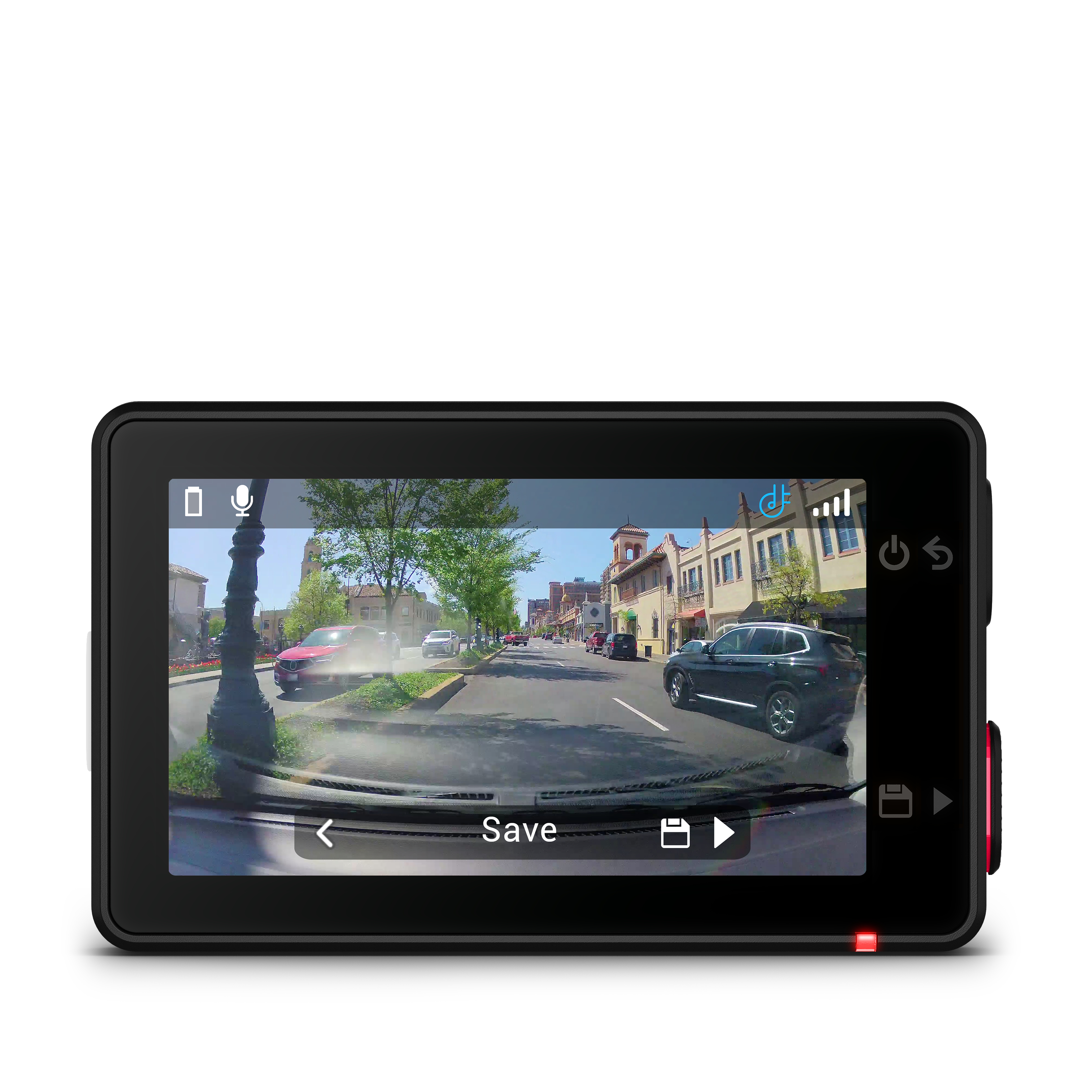 Schwarze Dashcam, die eine Straßenszene mit Auto, Gebäuden und Bäumen zeigt.