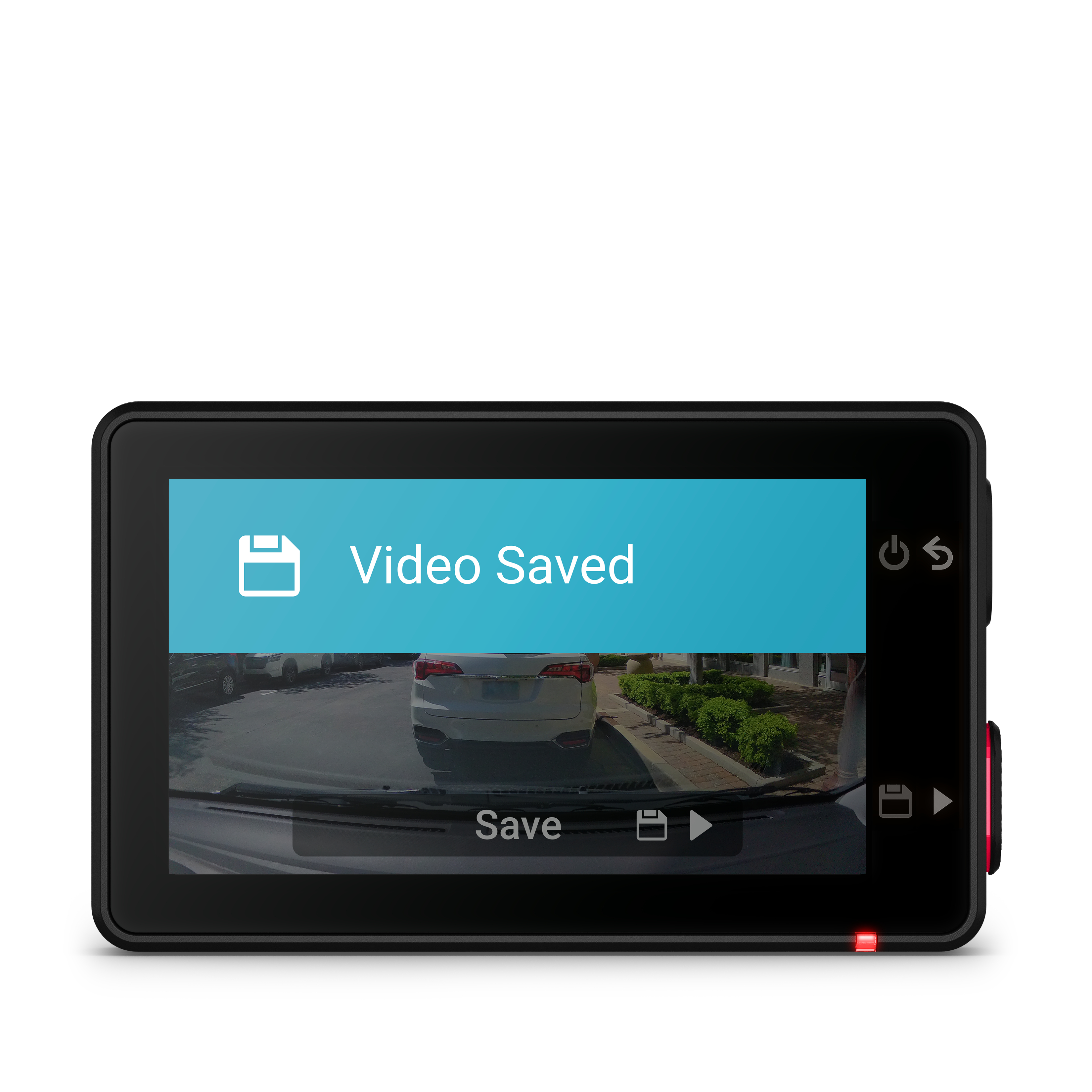 Dashcam-Bildschirm mit der Meldung 'Video gespeichert' und Straßenansicht.