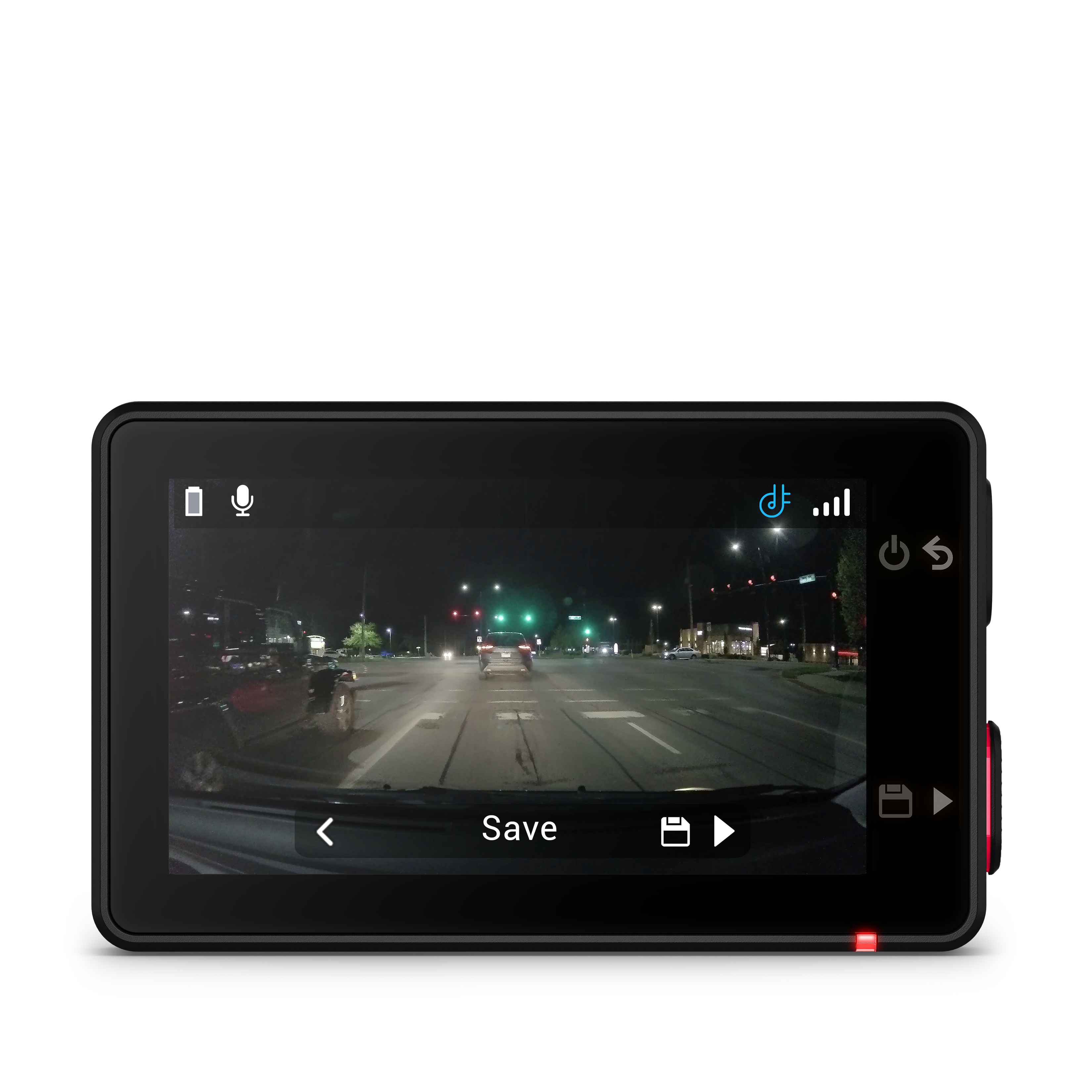 Dashcam-Bildschirm, zeigt Straße bei Nacht. Tasten für Speichern, Abspielen und Einstellungen.