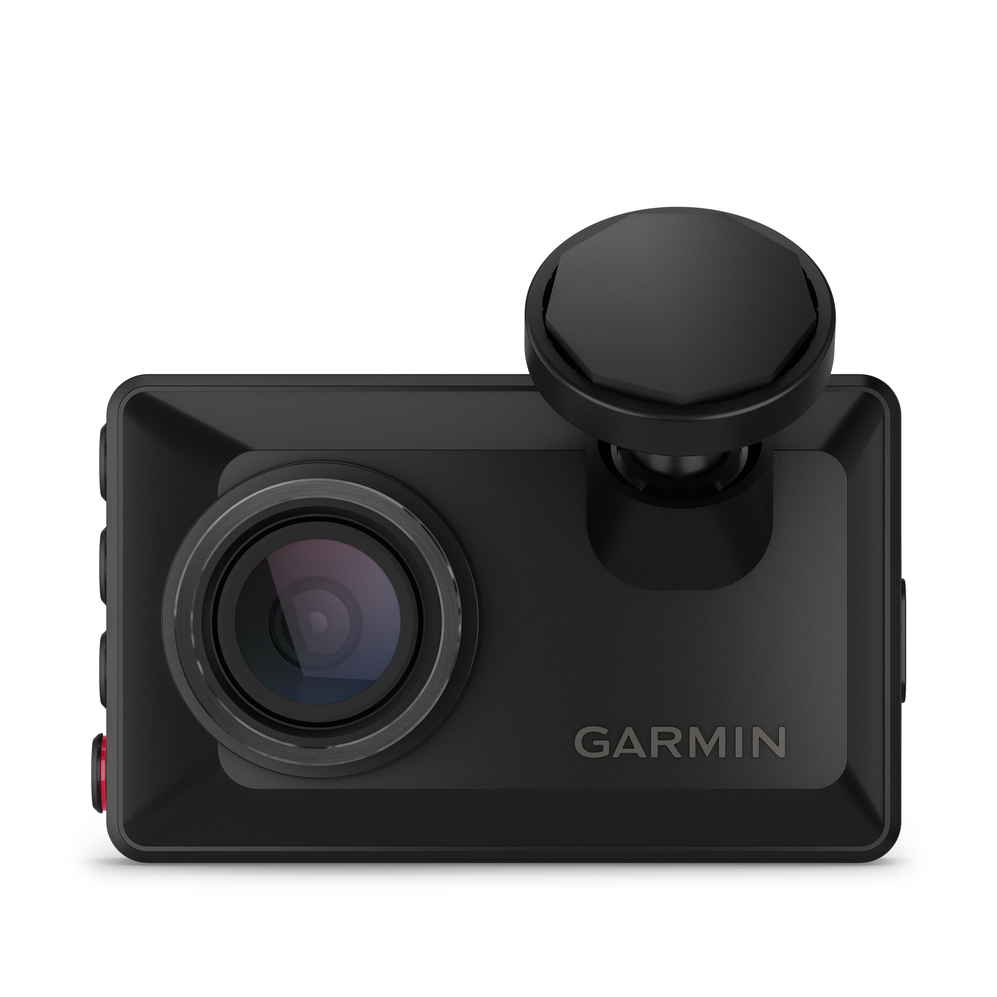 Eine schwarze Garmin-Dashcam mit Linse und kleinem, rundem Knopf.