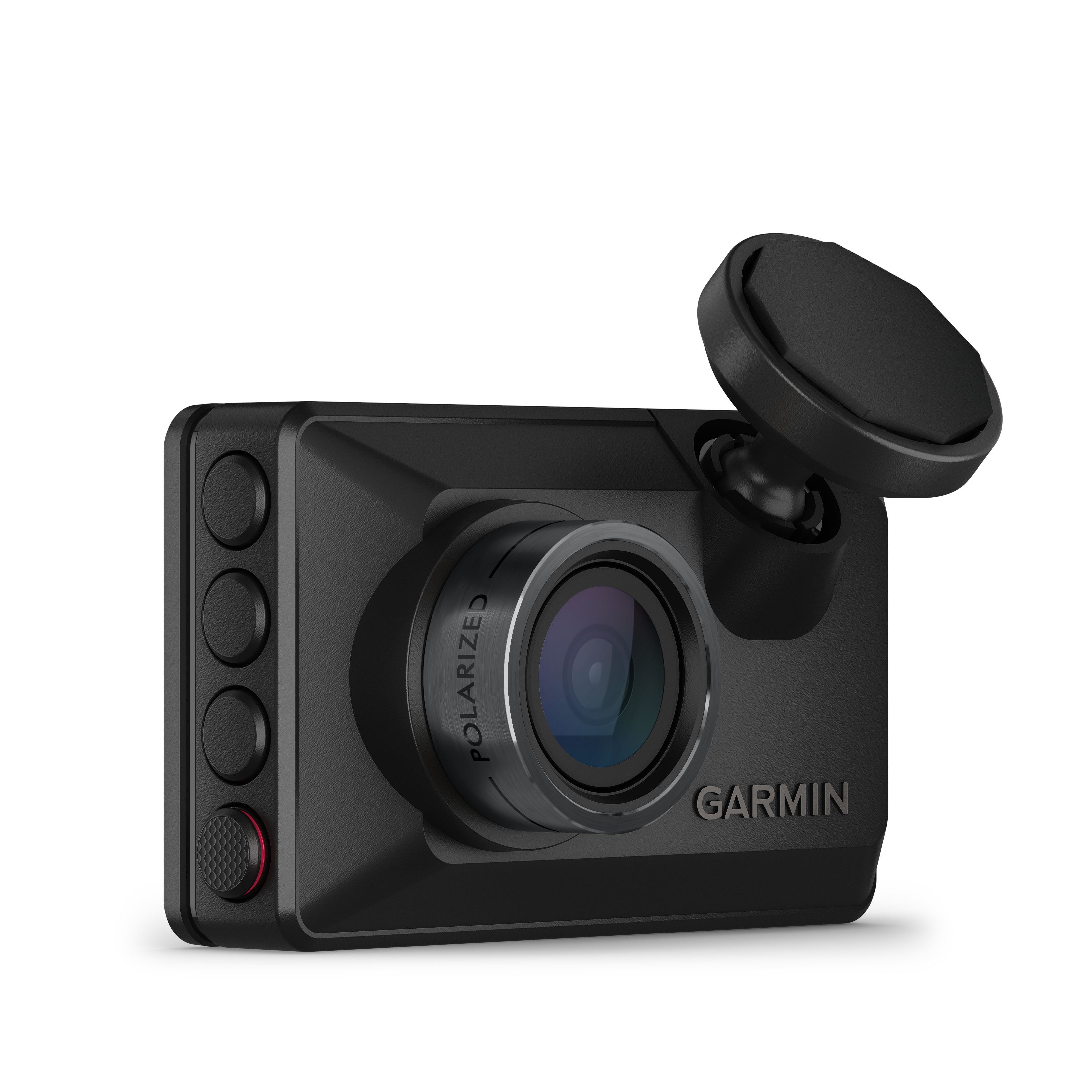 Schwarze Garmin Dashcam mit Halterung. Weißer Hintergrund.