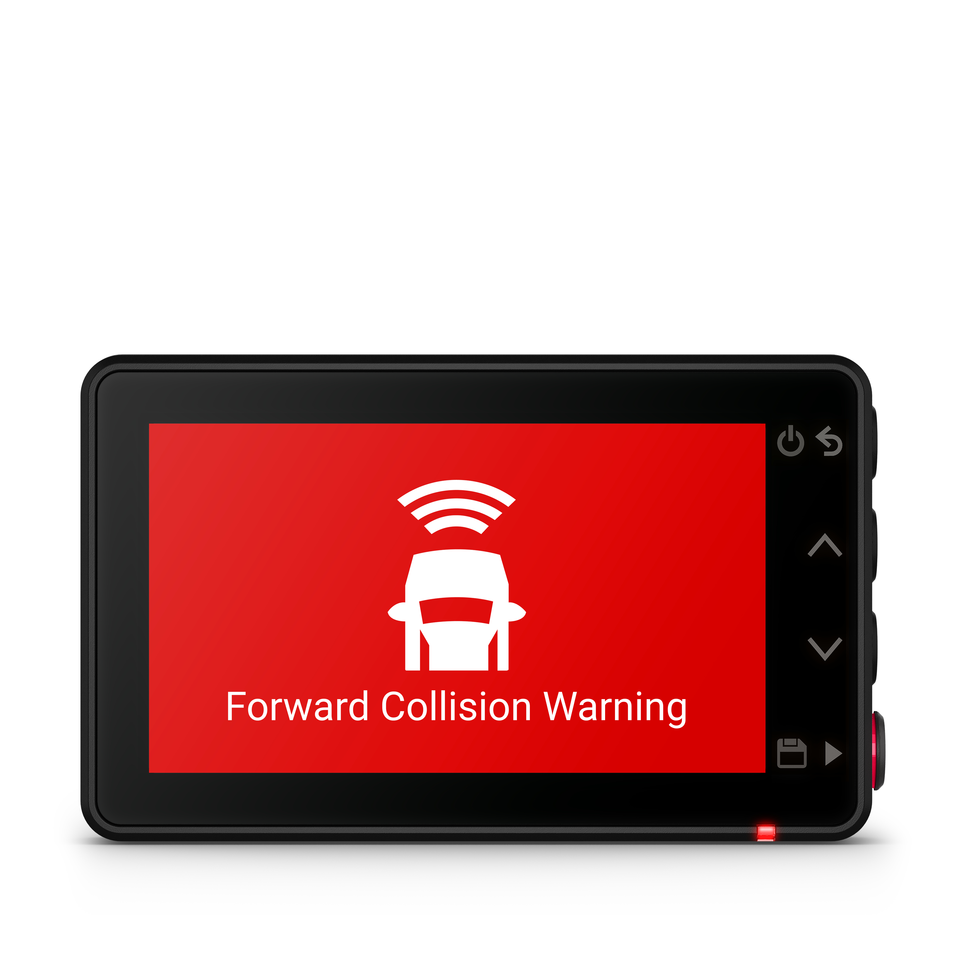 Armaturenbrett mit rotem Bildschirm. Es zeigt ein Autosymbol und den Text 'Forward Collision Warning'. Weißer Hintergrund.