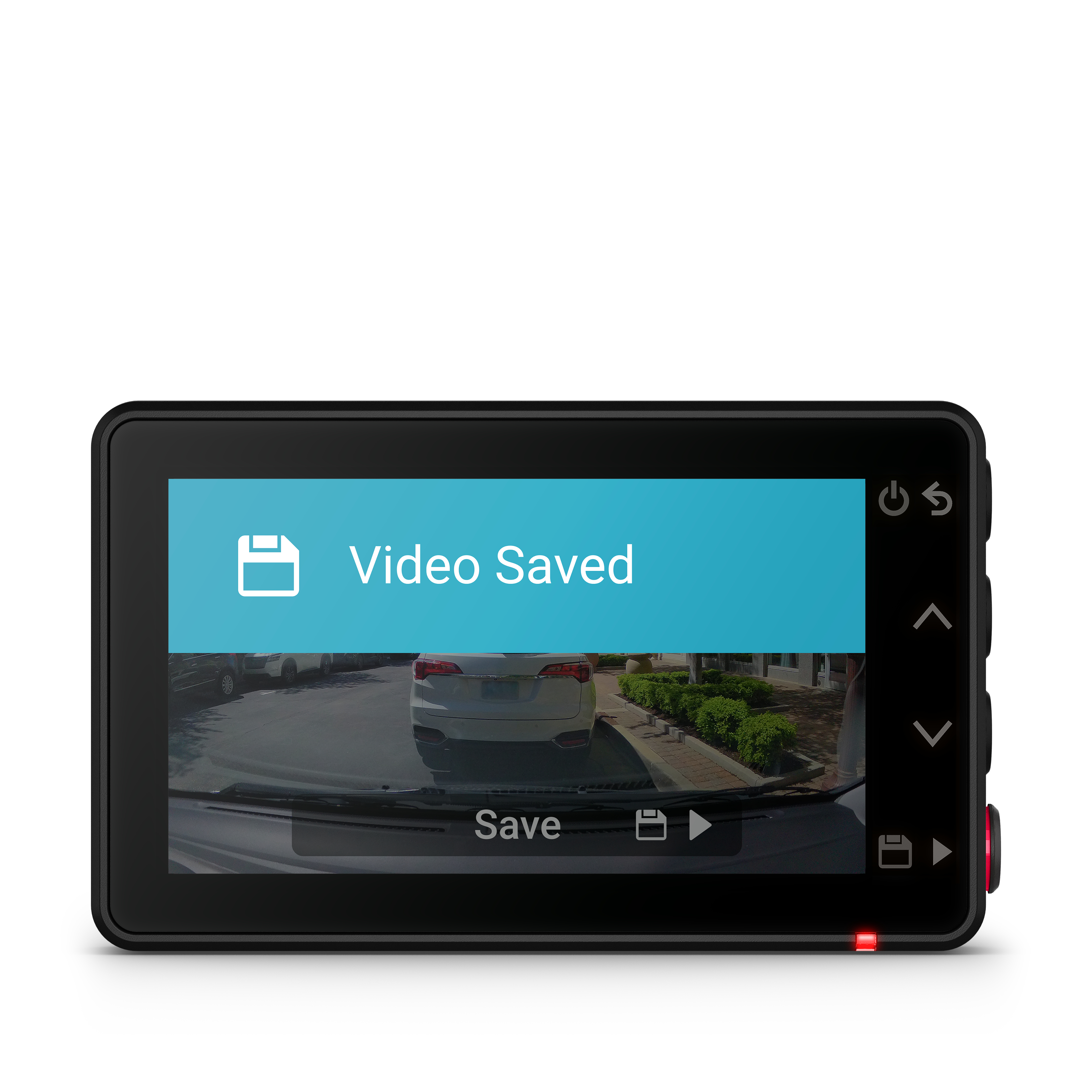 Der Bildschirm zeigt 'Video gespeichert' in einem Dashcam.