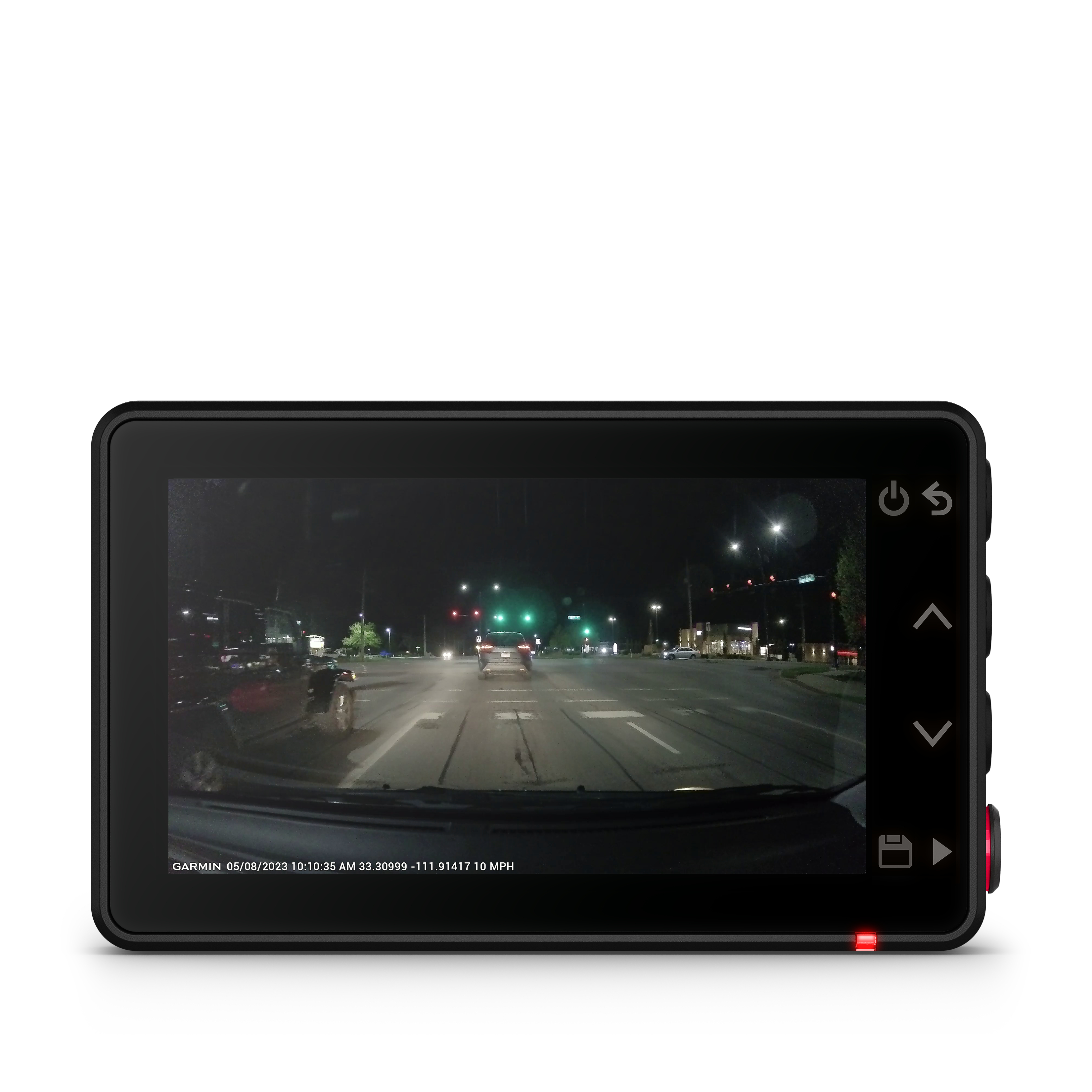 Ein Auto-Dashcam zeigt eine Straße bei Nacht, mit Zeit- und Geschwindigkeitsangaben.