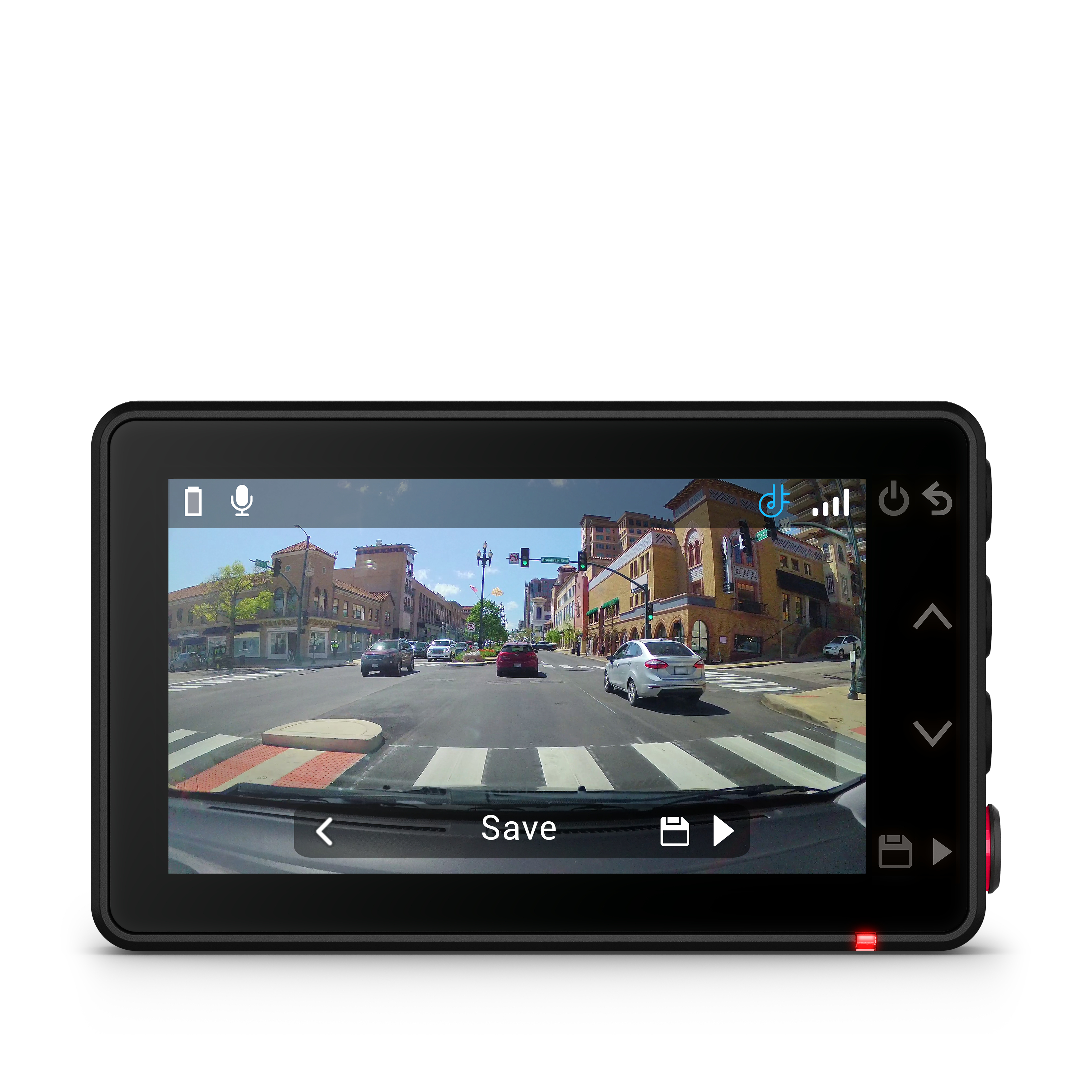 Schwarze Dashcam, die eine Stadtstraßenszene mit Autos anzeigt. Hat eine 'Speichern'-Taste.