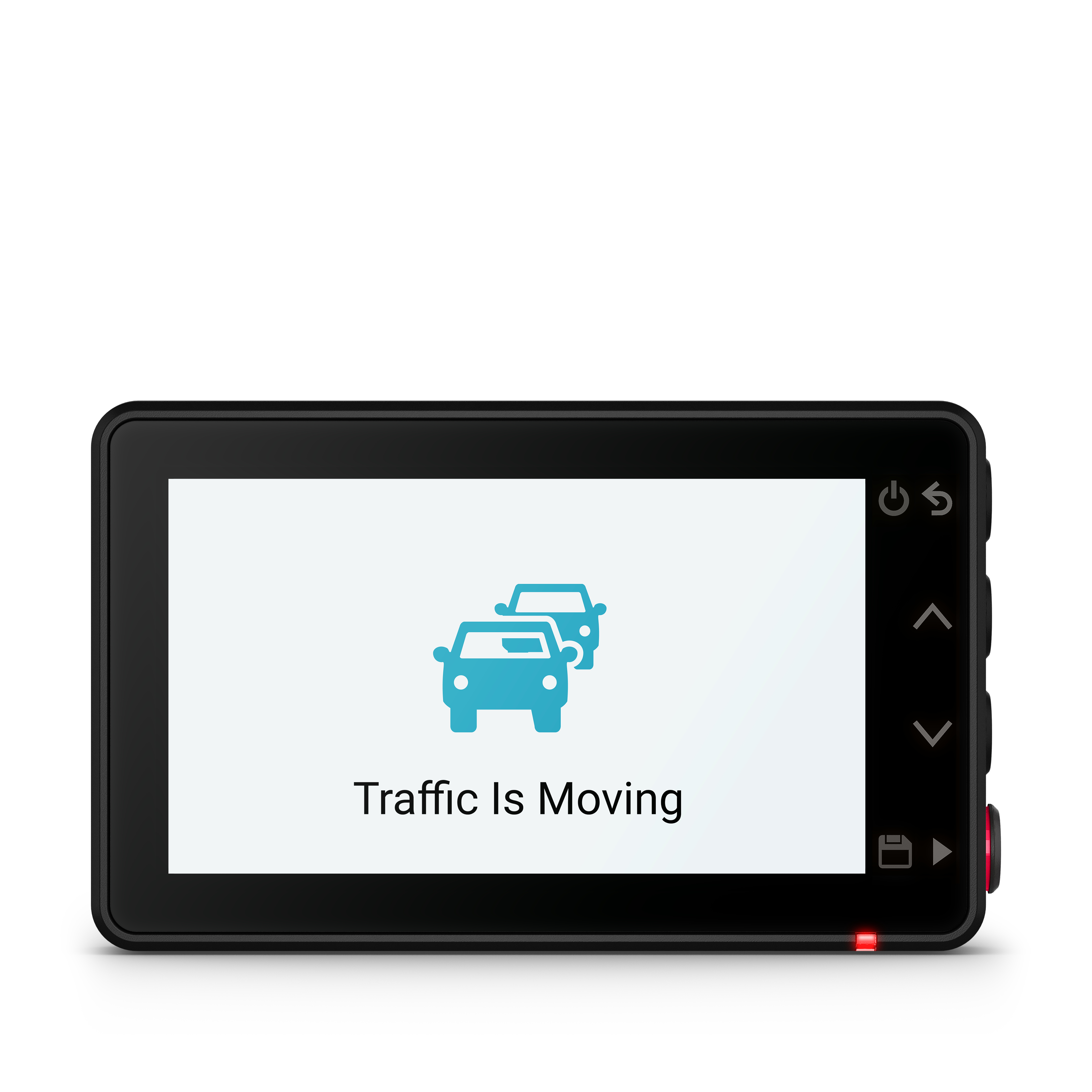 Schwarzer Dashcam-Bildschirm zeigt 'Traffic Is Moving' mit zwei blauen Autosymbolen.