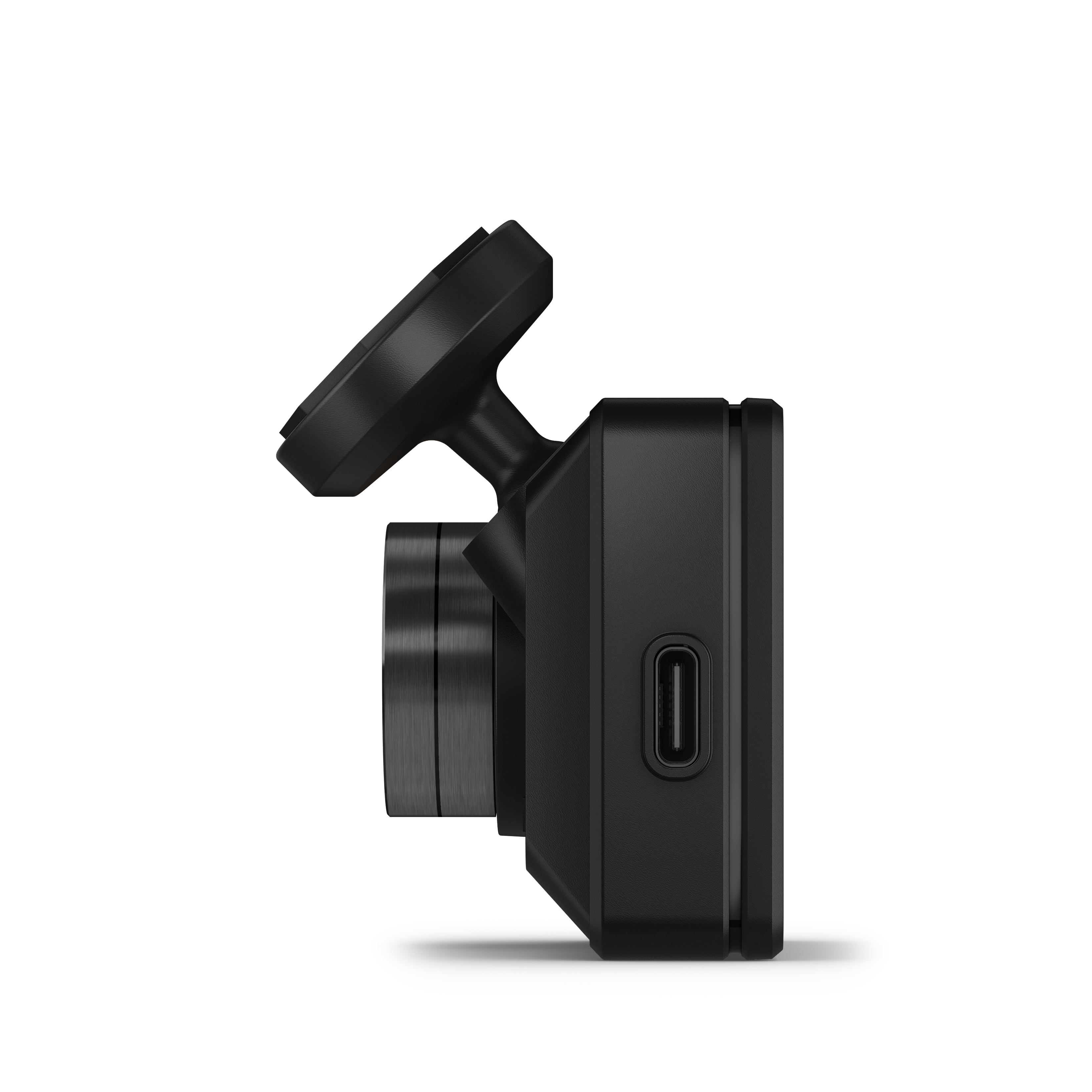 Schwarze Dashcam, Seitenansicht. Das Gerät ist schwarz, mit USB-Anschluss.