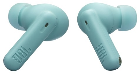 Para jasno niebieskich słuchawek dousznych. Każdy ma trzon i zaokrąglony pączek.