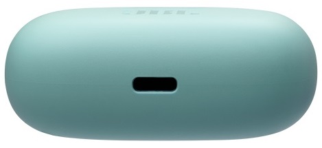 Zbliżenie portu ładowania słuchawki w kolorze jasnoniebieskim.