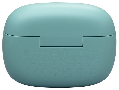 Turkusowe etui ładujące na słuchawki, widok od dołu. Widoczne tekst i logo.