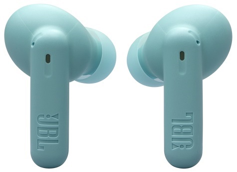 Dwa jasnoniebieskie słuchawki, skierowane w stronę widza, białe tło.