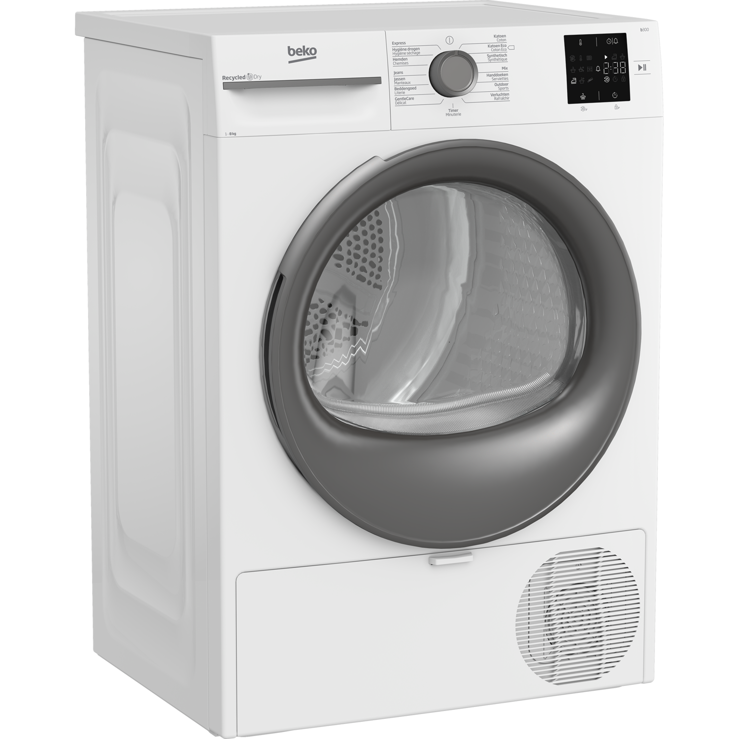 Witte Beko droger. Heeft een donkergrijze deur, bedieningspaneel en ventilatie onderaan.