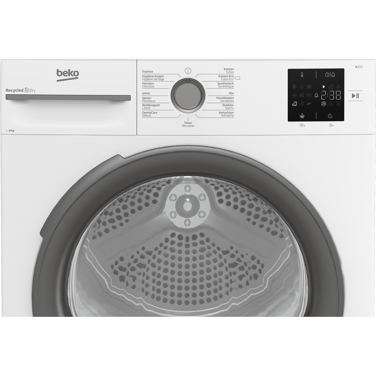 Een witte Beko droger met een zwarte deur en bedieningspaneel. Het paneel heeft verschillende droogopties weergegeven.