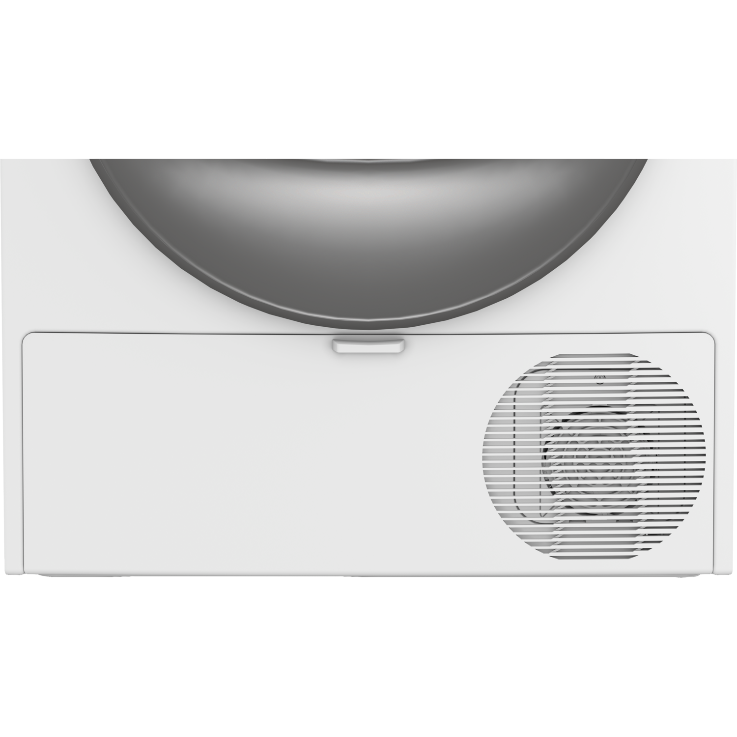 Bovenaanzicht van witte droger, open paneel met ventilatieopening.