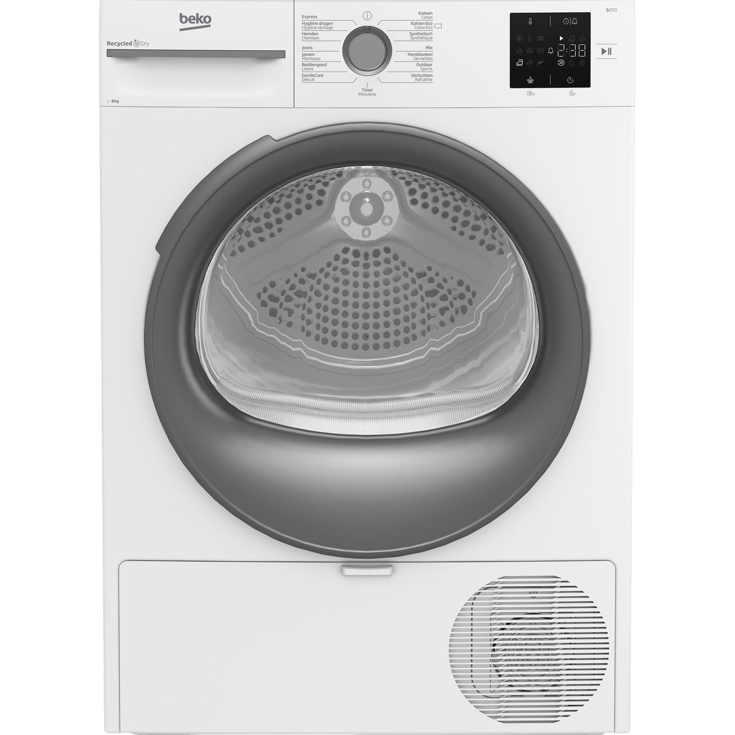 Witte Beko-droger met een donkergrijze deur en een digitaal display.