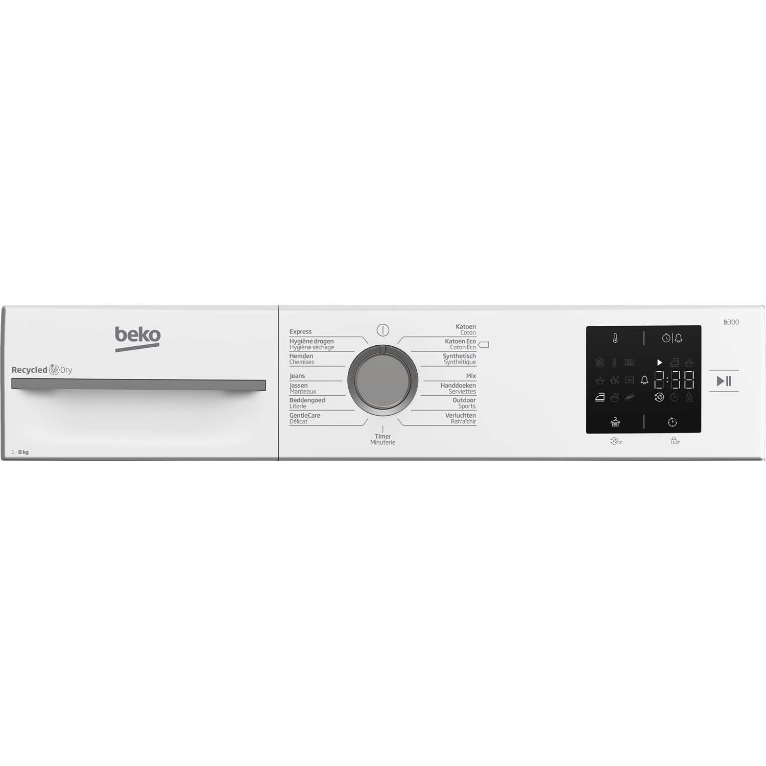 Wit Beko wasmachine bedieningspaneel met verschillende programma-opties.