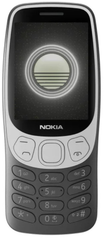 Czarno-szary telefon z neonowym okręgiem. Jasnoszare przyciski i czarny ekran.