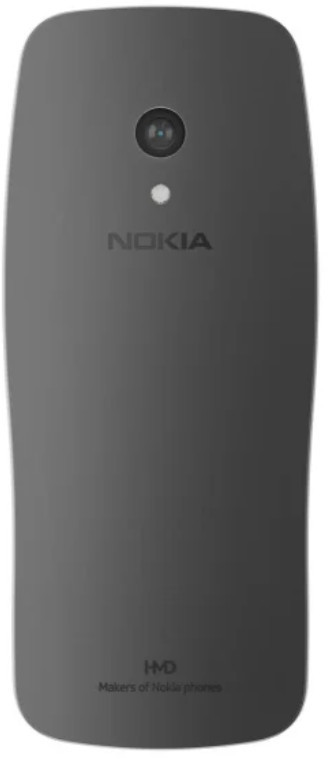 Szary tył telefonu Nokia z aparatem i logo Nokia. HMD i Makers of Nokia.