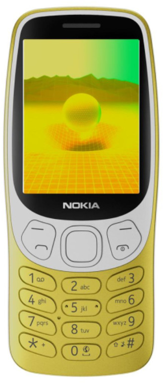 Żółty telefon Nokia z ekranem wyświetlającym sferę na siatce.