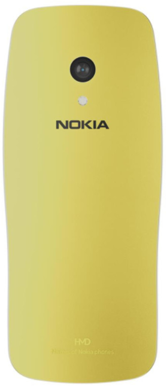 Żółty tył telefonu Nokia, aparat u góry, logo na środku, tekst HMD na dole.