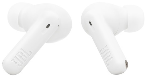 Białe słuchawki JBL. Dwie słuchawki, widok z boku, białe tło.