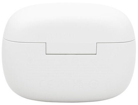 Białe etui ładujące do słuchawek, widoczny spód.