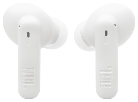 Dwa białe słuchawki JBL, każdy z logo JBL.