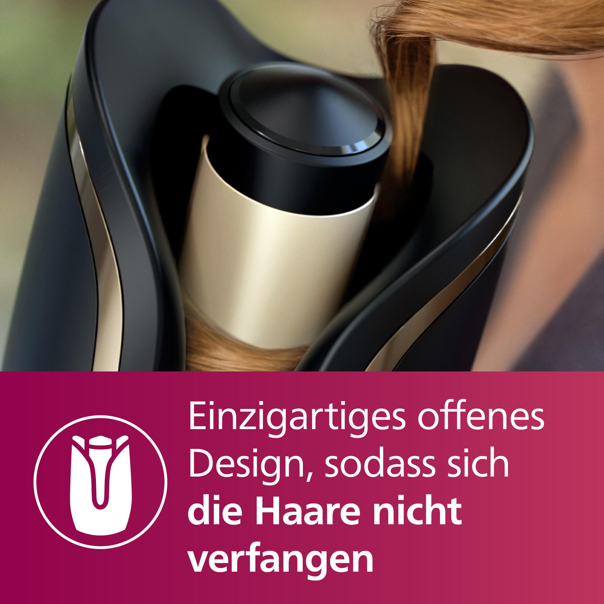 Ein Lockenstab, mit gelocktem Haar. Text auf Deutsch über das Design.
