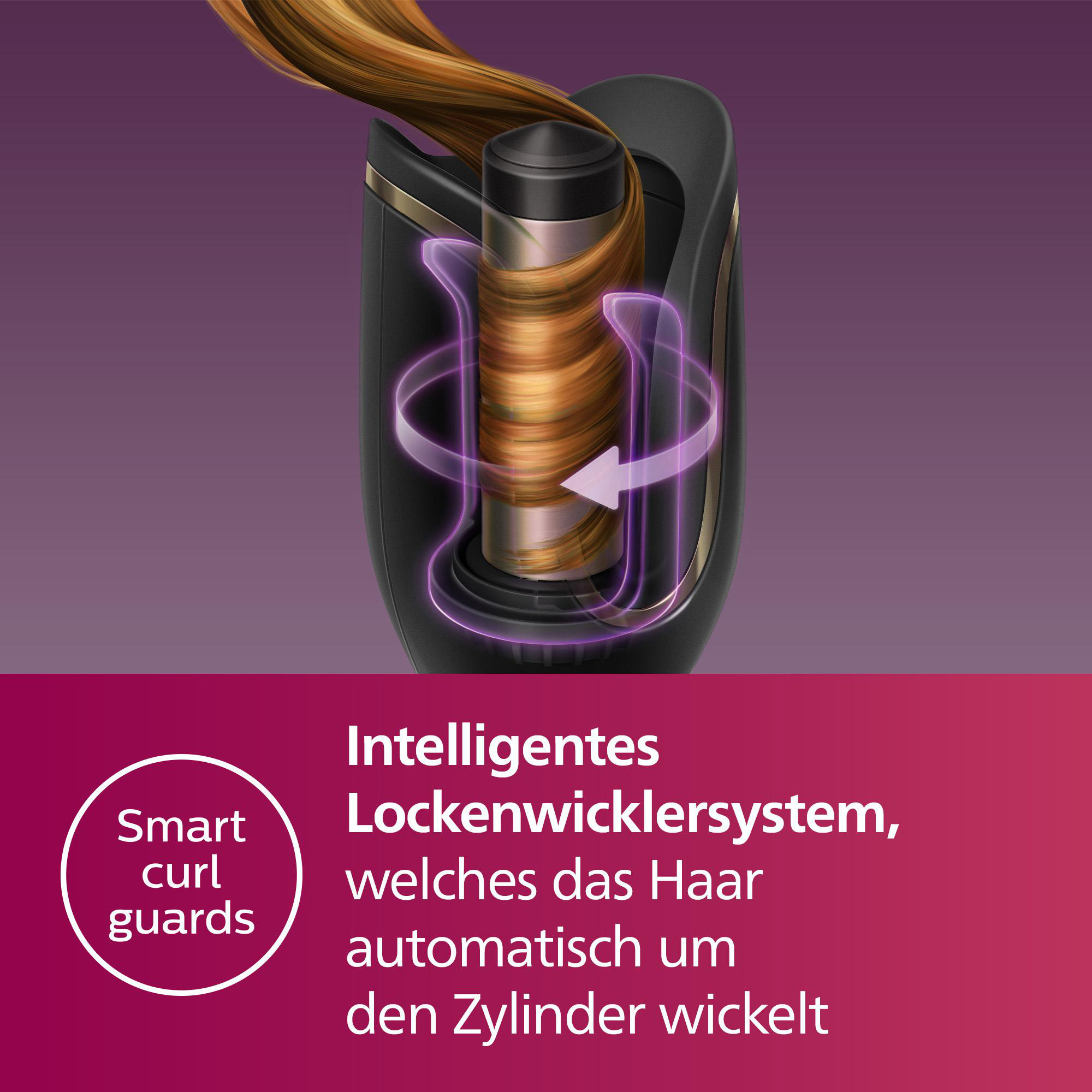 Ein Lockenstab, der eine Haarsträhne lockt, mit Text zu den Eigenschaften.